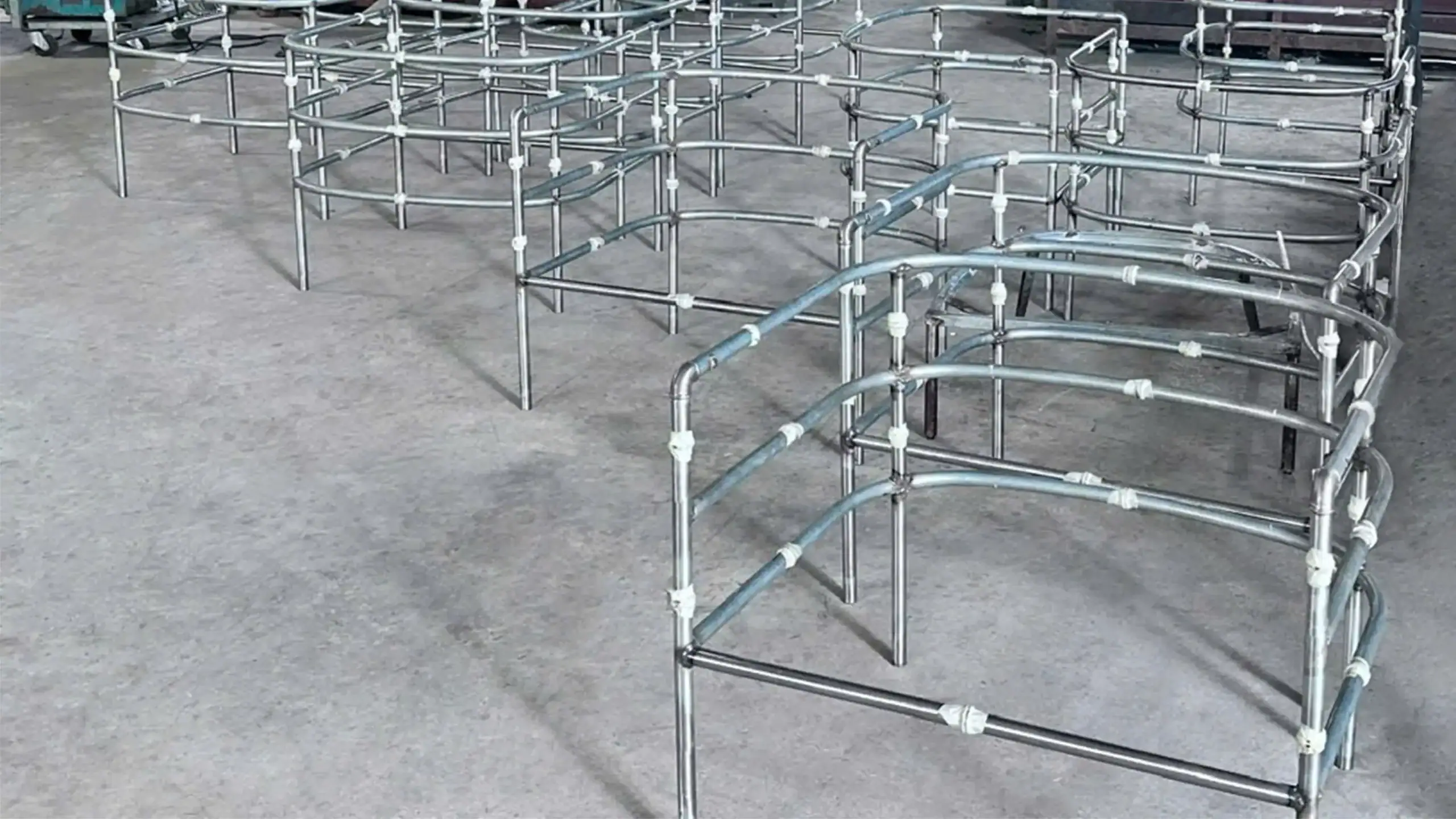 Modular stainless steel chair frames with complex curved design, prepared for mirror polish and PVD finishing.