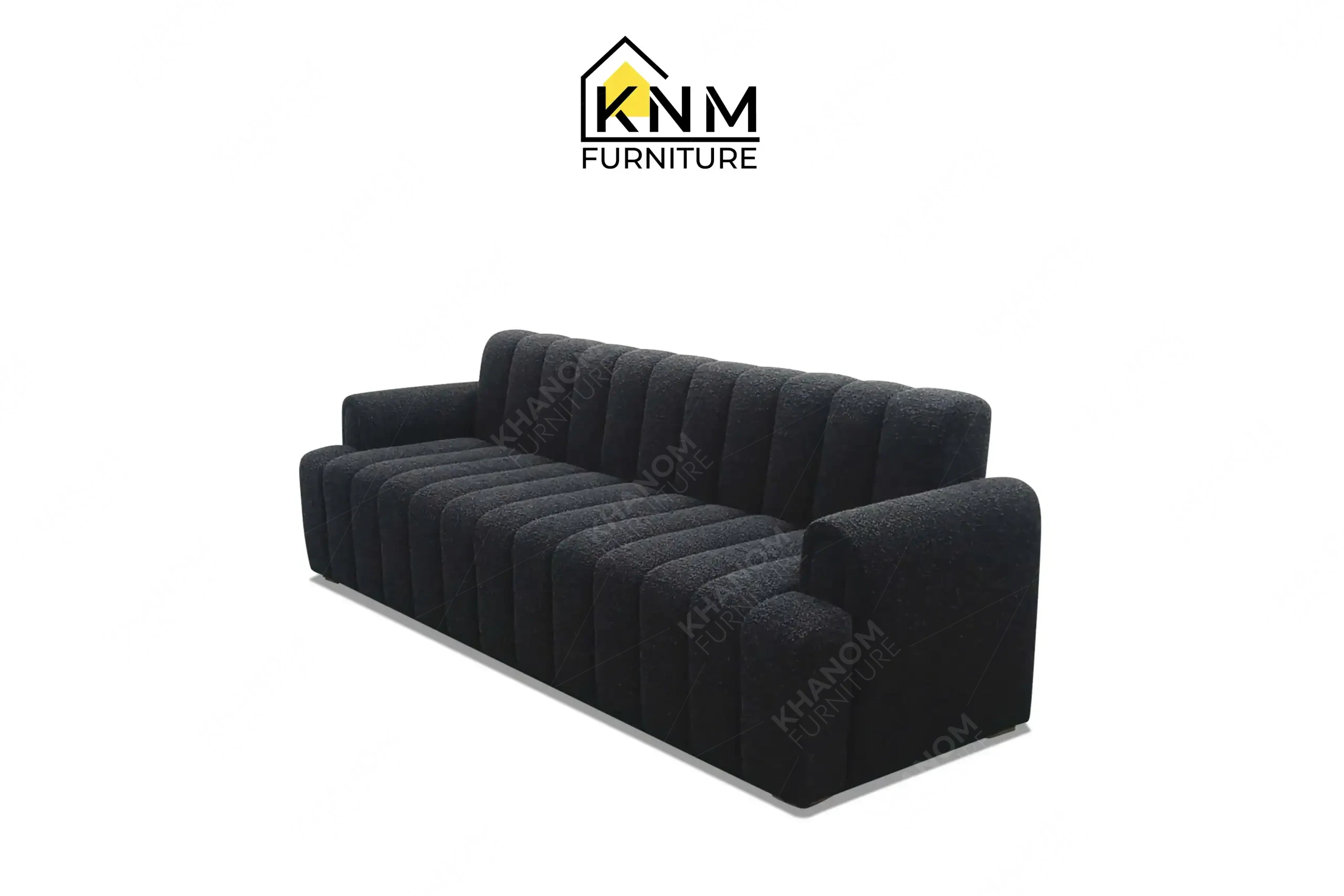 Deep channel tufted sofa in dark textured fabric custom made by Khanom Furniture (KNM), a premium Upholstery factory Vietnam.