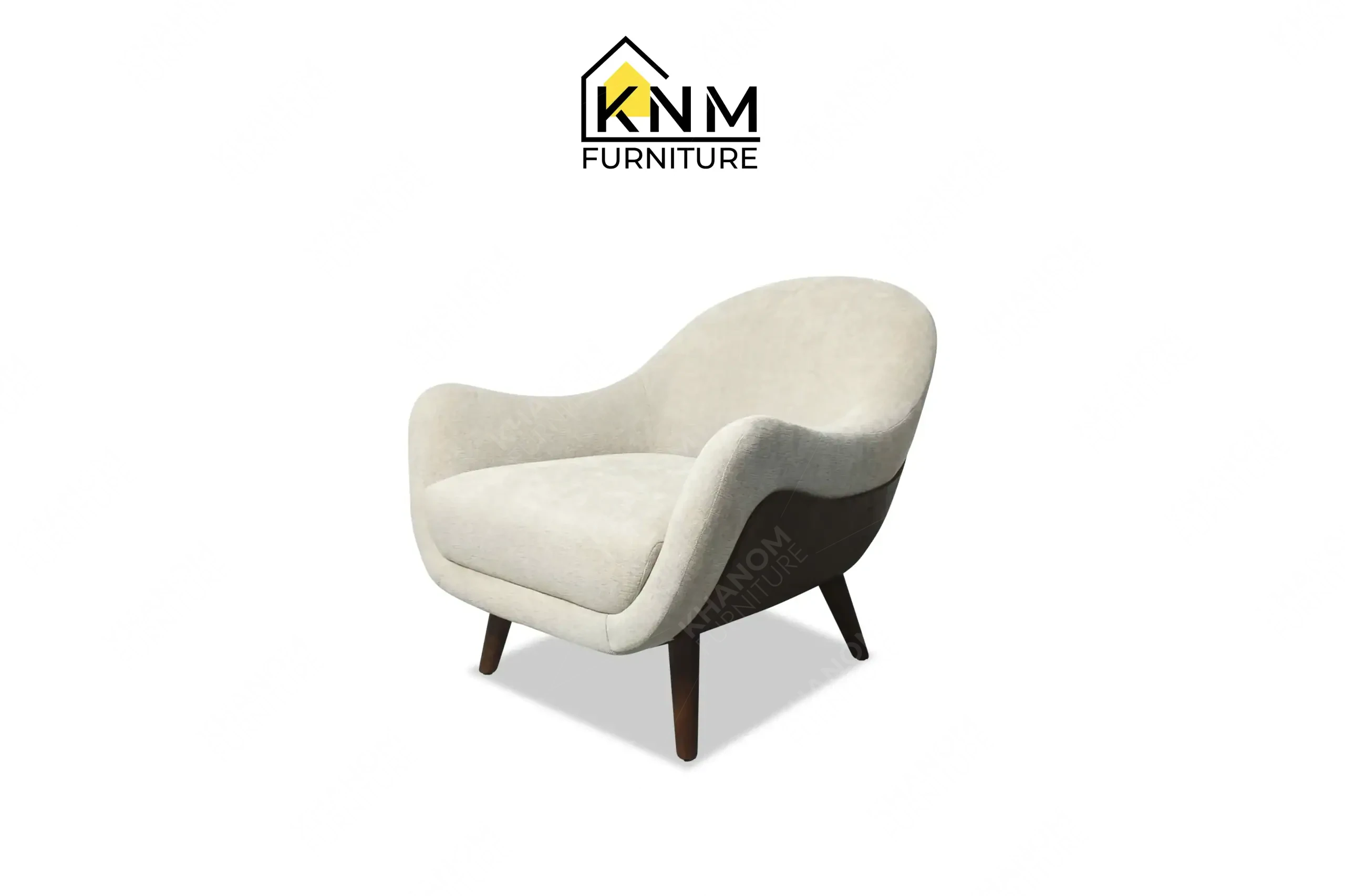 Minimalist cream armchair with dark wood legs tailored by Khanom Furniture (KNM), a Solid Wood Furniture Factory Vietnam.