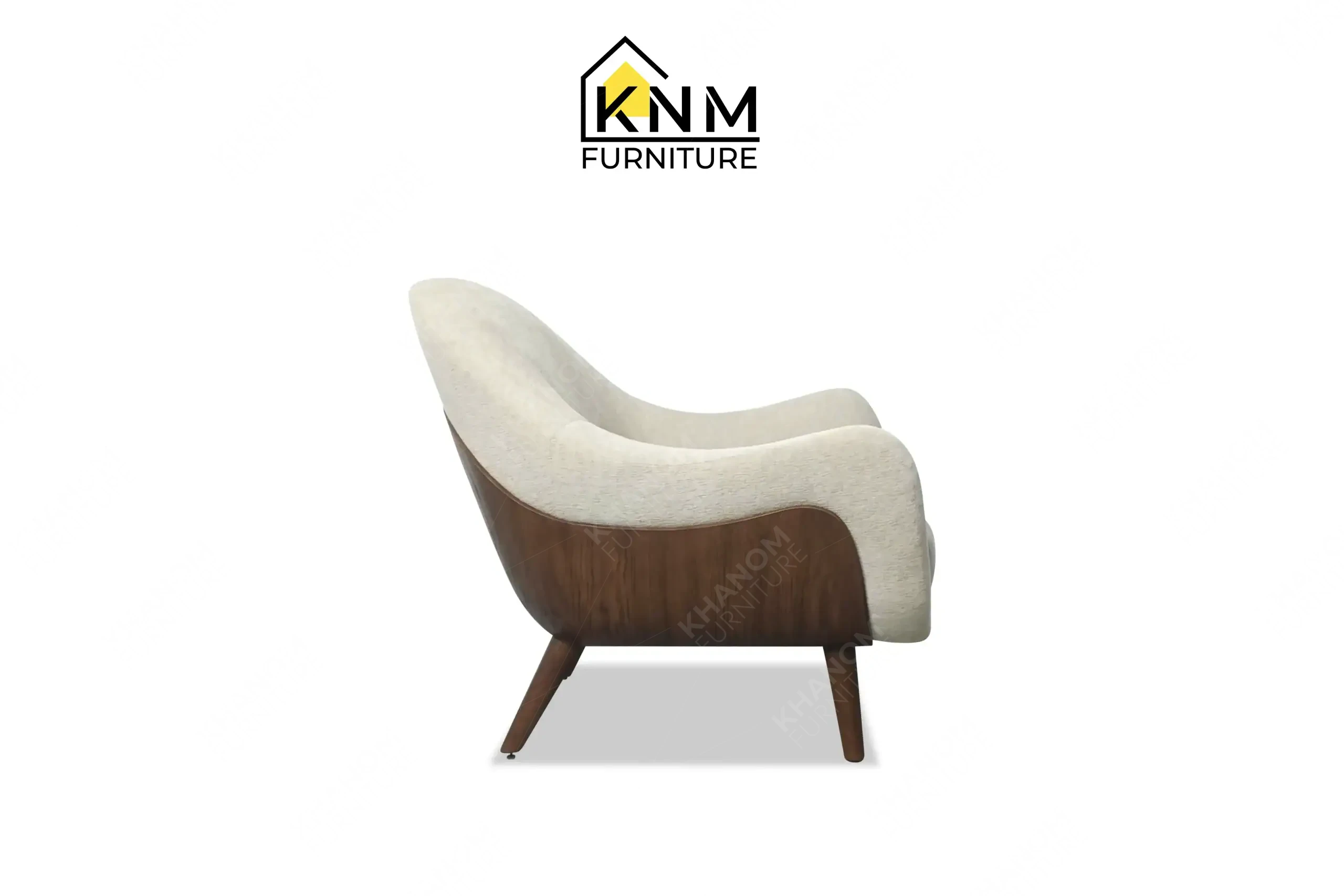 Minimalist cream armchair with dark wood legs tailored by Khanom Furniture (KNM), a Solid Wood Furniture Factory Vietnam.
