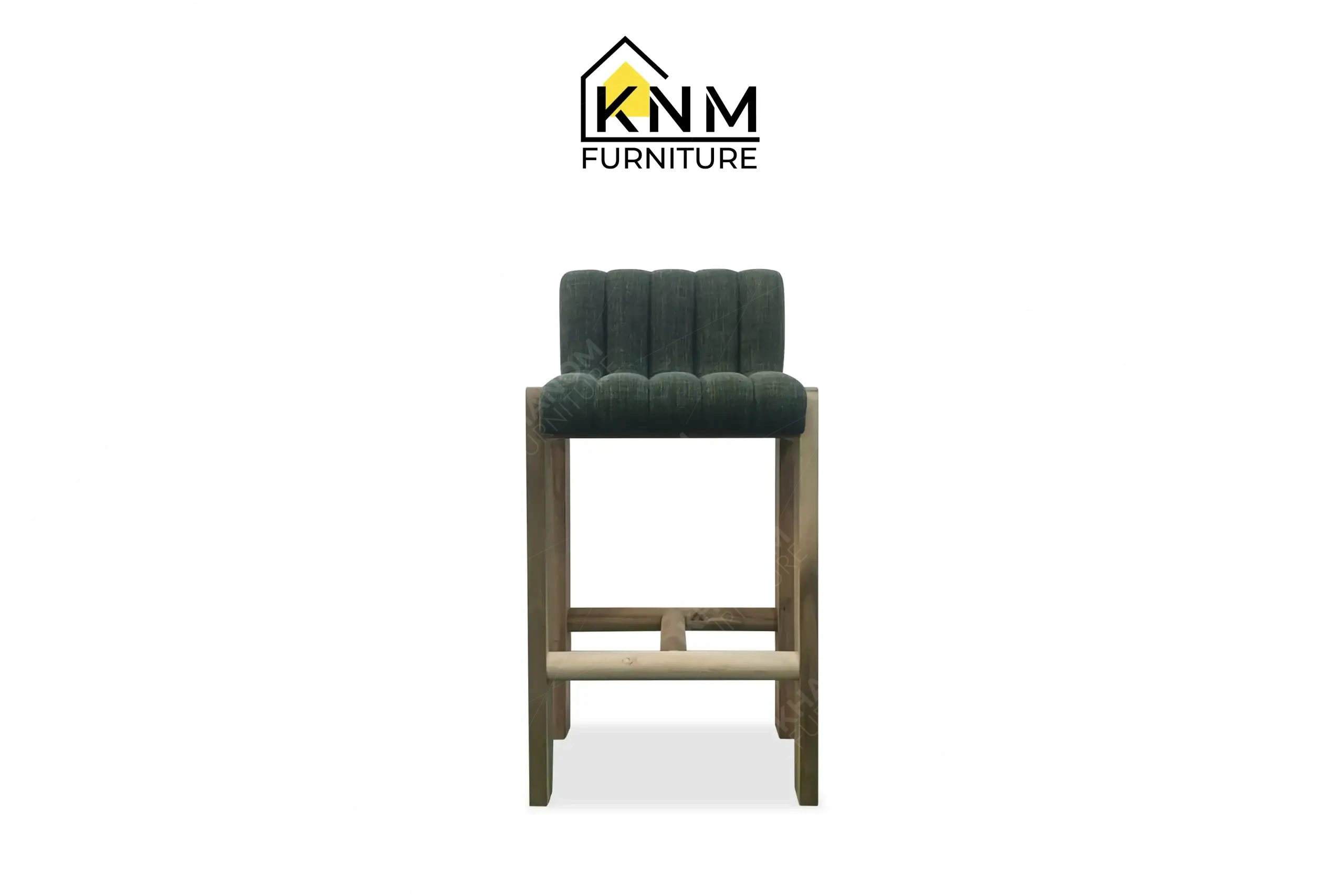 Custom green fabric bar stool with solid wood legs manufactured by Khanom Furniture (KNM), a Vietnam Wooden Furniture Manufacturer.