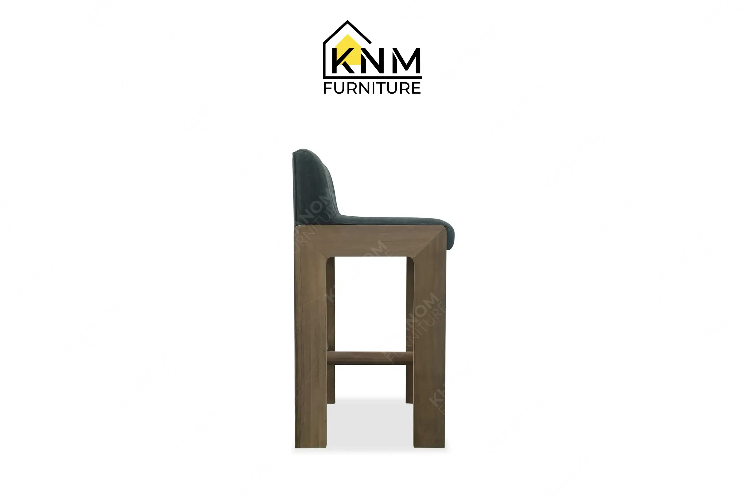 Custom green fabric bar stool with solid wood legs manufactured by Khanom Furniture (KNM), a Vietnam Wooden Furniture Manufacturer.