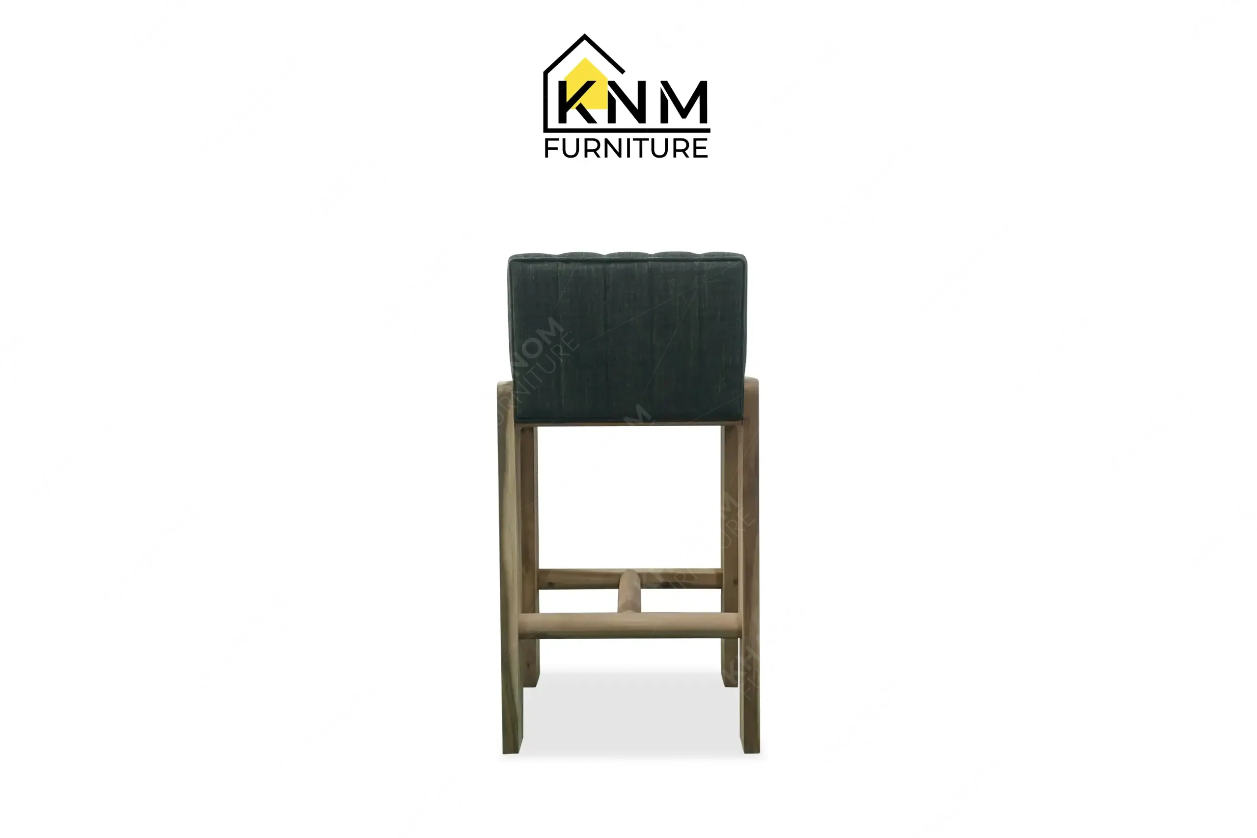 Custom green fabric bar stool with solid wood legs manufactured by Khanom Furniture (KNM), a Vietnam Wooden Furniture Manufacturer.