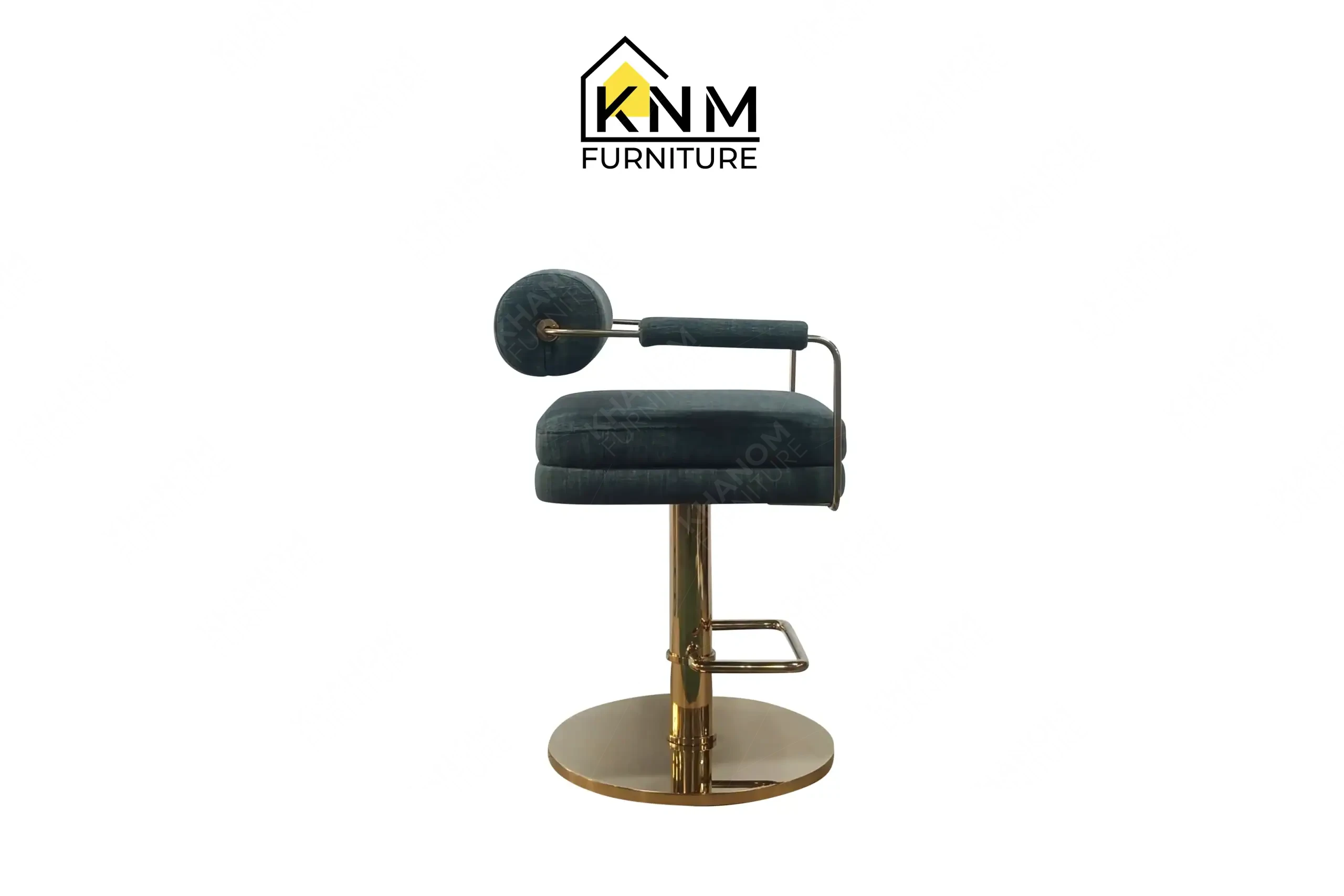 Custom green velvet bar stool with brass finish manufactured by Khanom Furniture (KNM), a leading Metal factory Vietnam.