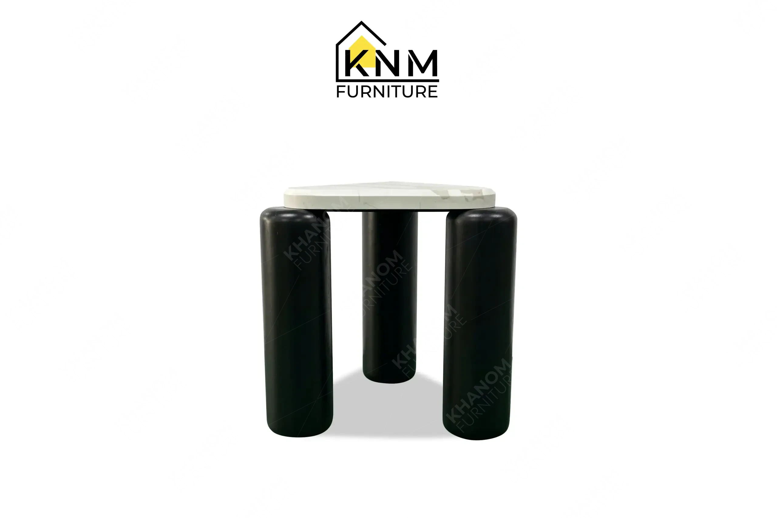 Triangular stone top side table with black cylindrical legs crafted by Khanom Furniture (KNM), a premium Lacquer workshop Vietnam.