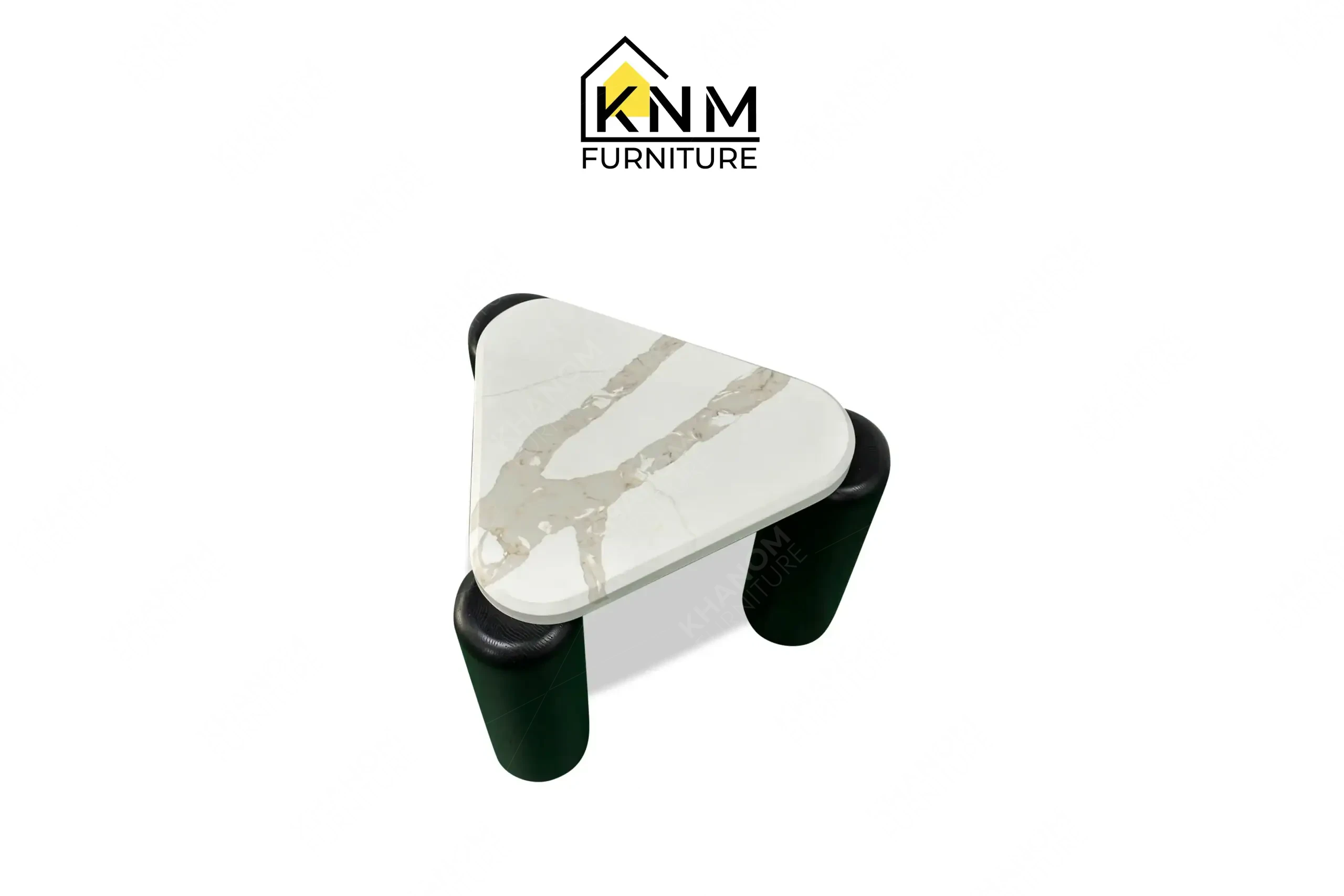 Triangular stone top side table with black cylindrical legs crafted by Khanom Furniture (KNM), a premium Lacquer workshop Vietnam.
