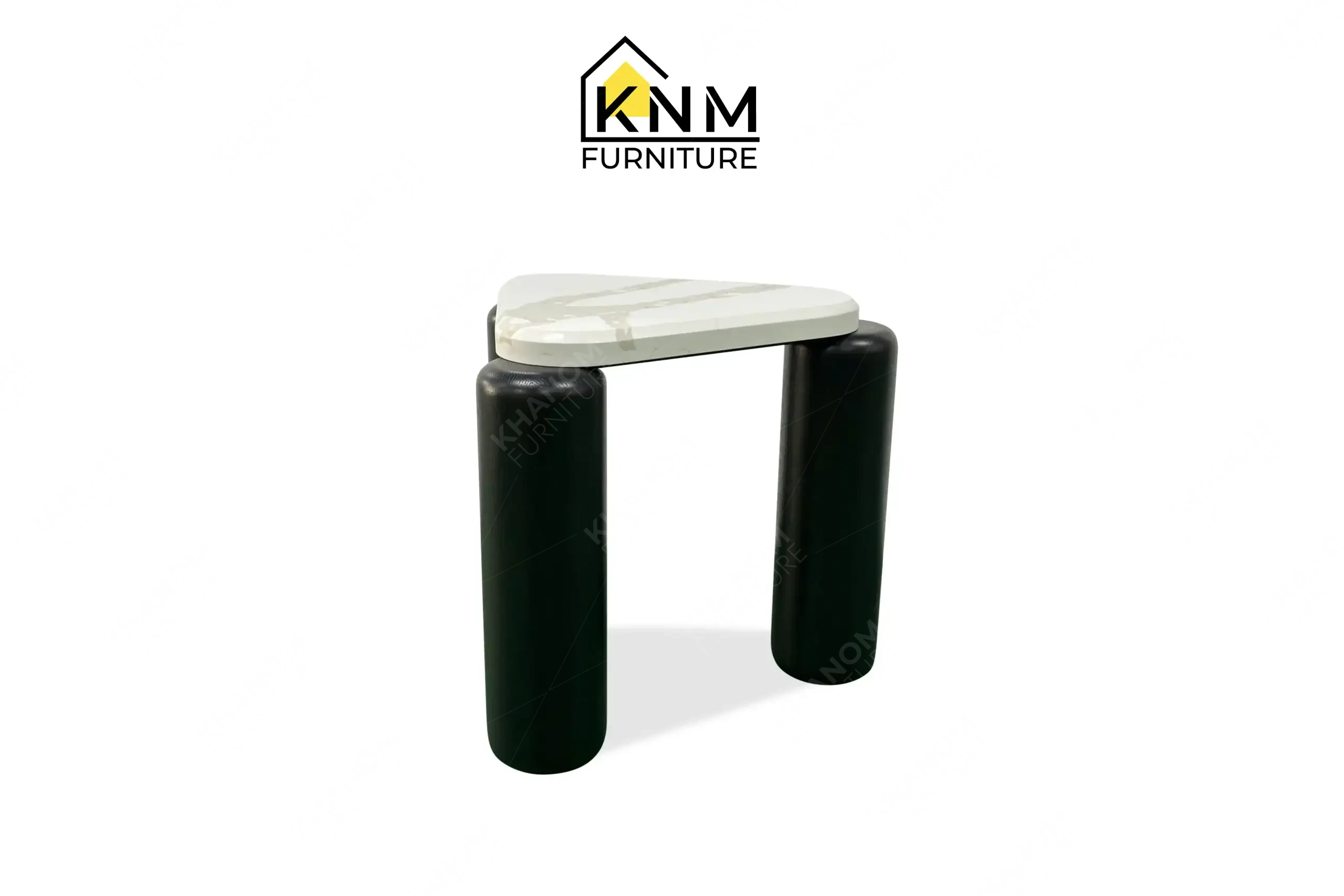 Triangular stone top side table with black cylindrical legs crafted by Khanom Furniture (KNM), a premium Lacquer workshop Vietnam.
