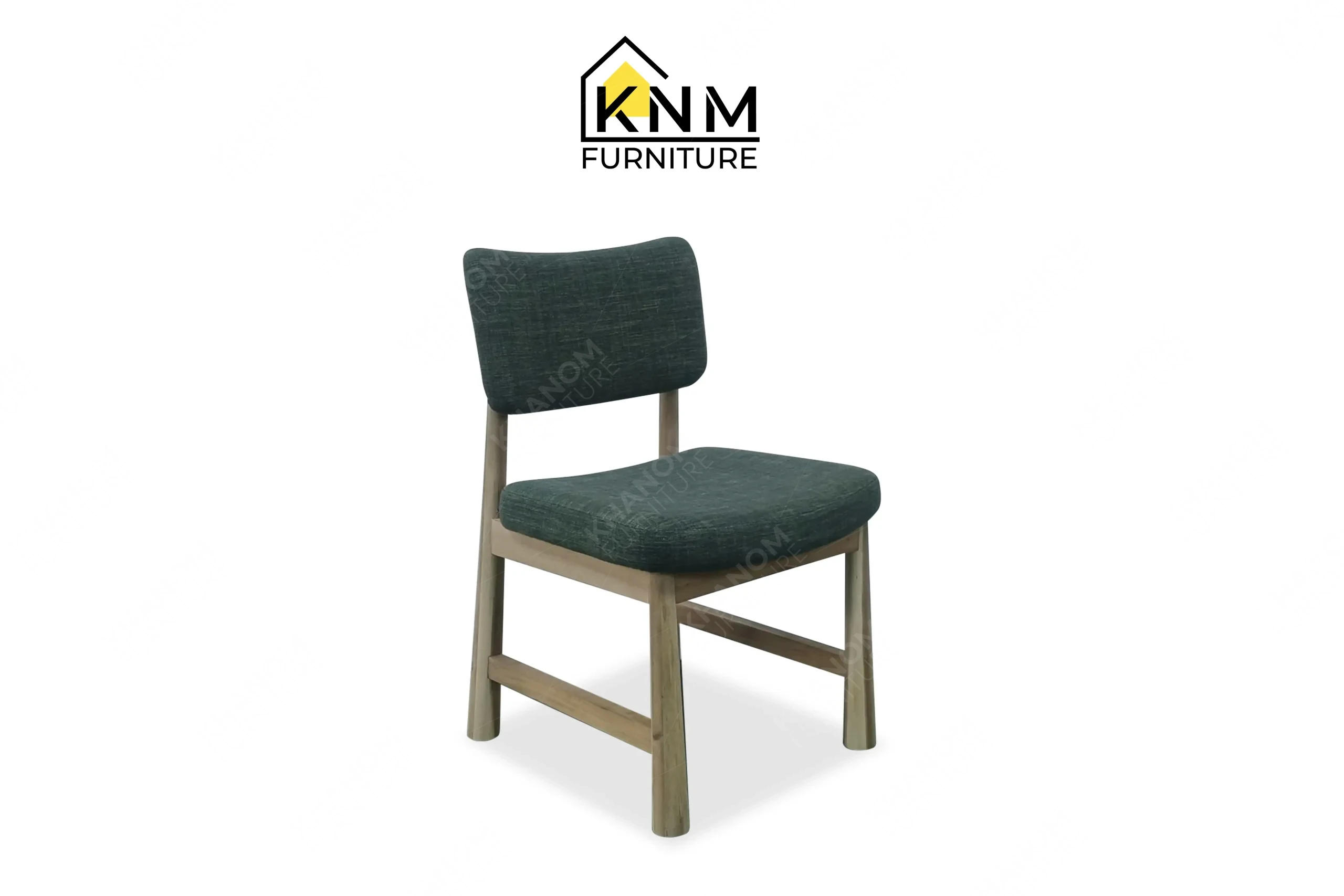 Sturdy wooden dining chair with dark grey upholstery manufactured by Khanom Furniture (KNM), a trusted Solid Wood Furniture Factory Vietnam.