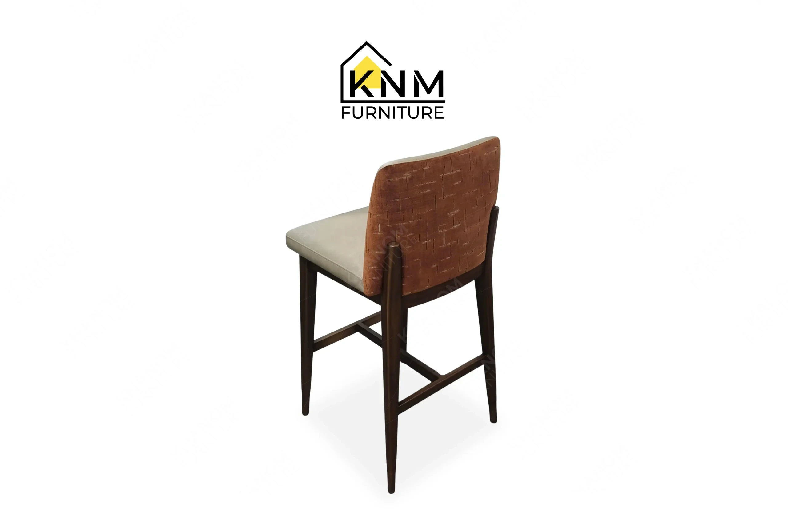 Rear perspective view emphasizing the smooth finish of the curved solid wood backrest on a custom dining chair built by Khanom Furniture (KNM Furniture), an expert Vietnam Wooden Furniture Manufacturer.