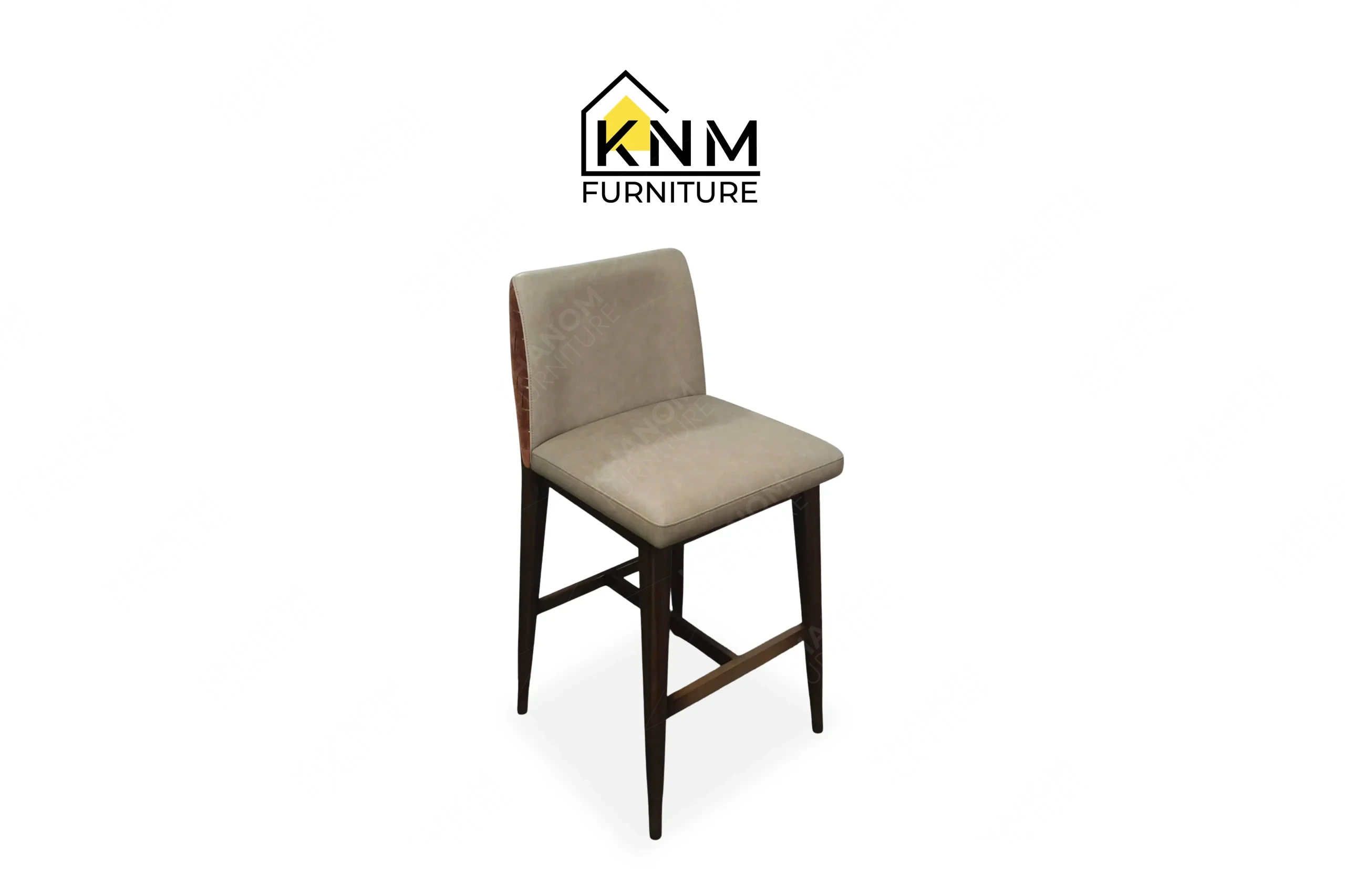 A 3/4 perspective view showing the sweeping curved backrest of an elegant solid wood dining chair, crafted by Khanom Furniture (KNM Furniture), your trusted Solid Wood Furniture Factory Vietnam.