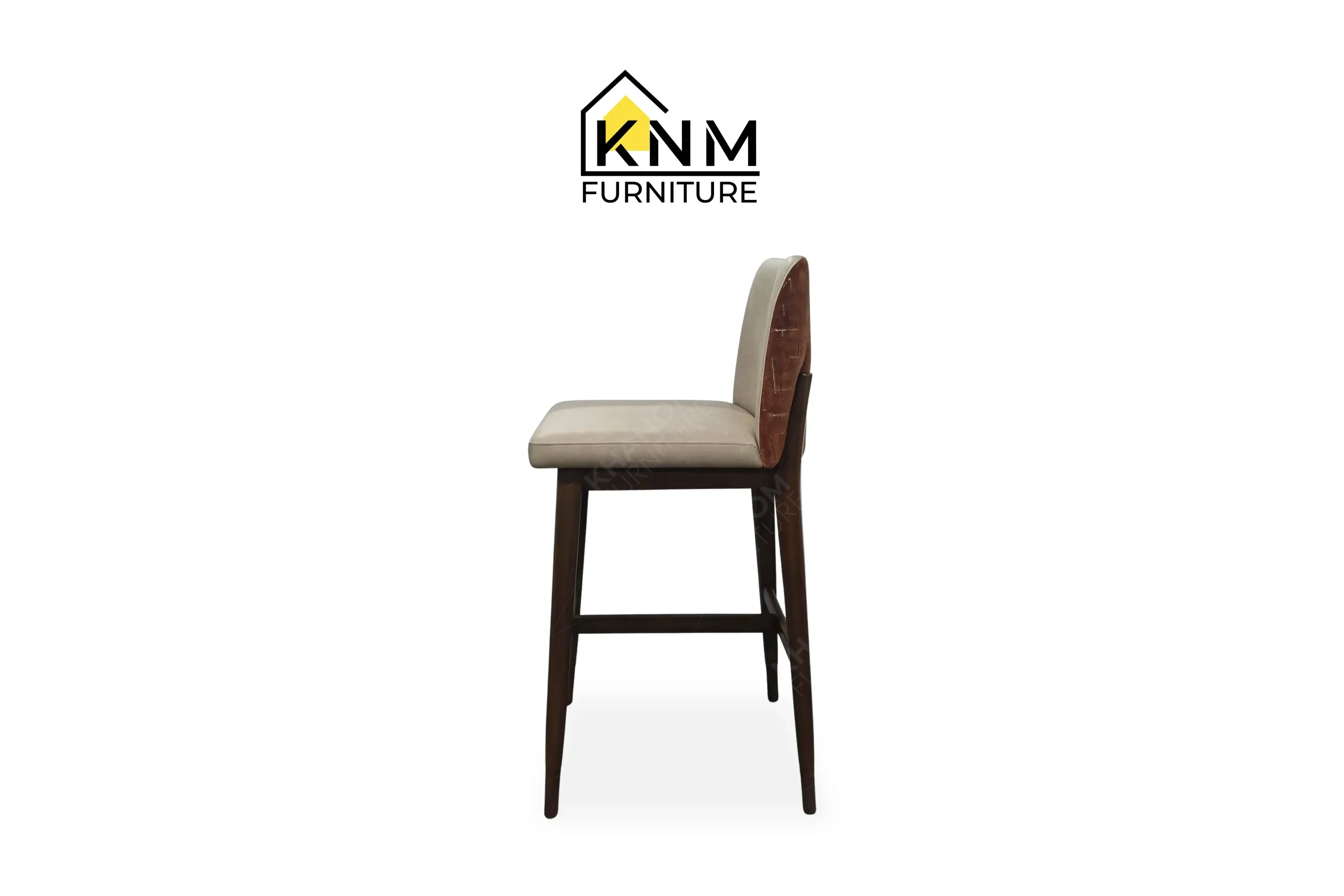 Side profile view of a sturdy custom dining chair with solid wood legs and an upholstered curved back, produced by Khanom Furniture (KNM Furniture), a dedicated Custom furniture factory Vietnam.