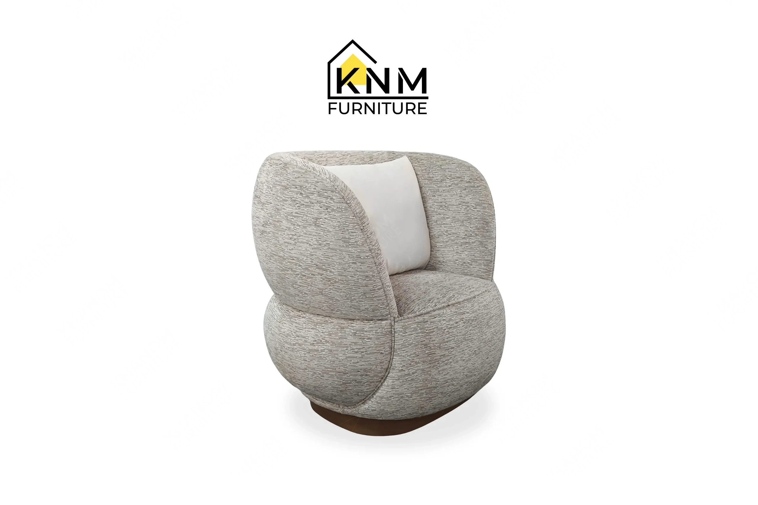 A 3/4 perspective view showing the graceful curved backrest of a charcoal fabric lounge chair with a metal base, masterfully crafted by Khanom Furniture (KNM Furniture), your trusted hospitality furniture factory Vietnam.