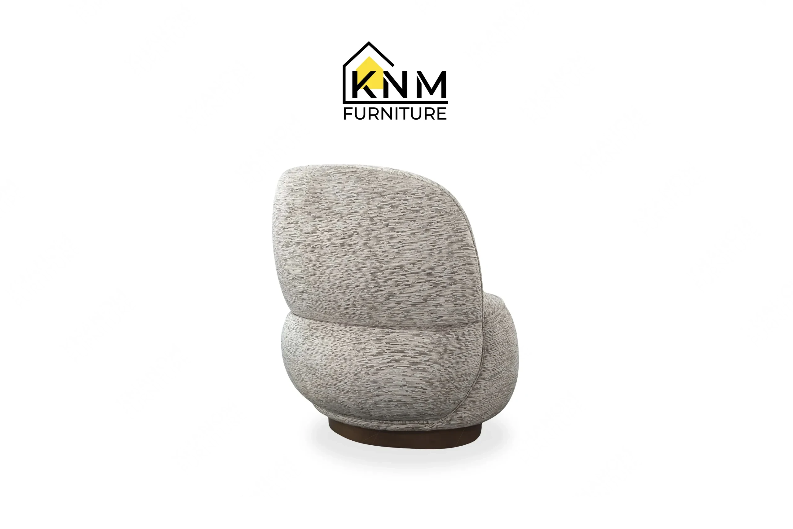 Side profile view of a sturdy contract-grade hotel lounge chair with a matte black swivel frame and charcoal fabric tub seat, produced by Khanom Furniture (KNM Furniture), a dedicated custom furniture factory Vietnam.