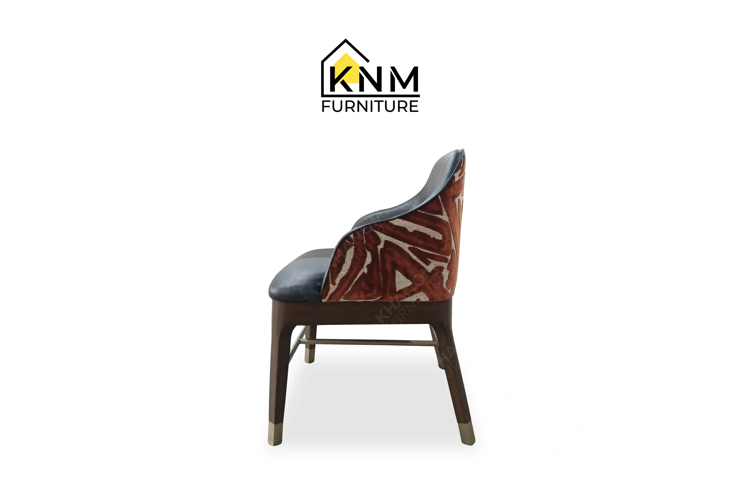 Side profile view of a sturdy custom dining chair with solid wood legs and a slanted woven leather backrest, produced by Khanom Furniture (KNM Furniture), an expert Custom furniture factory Vietnam.