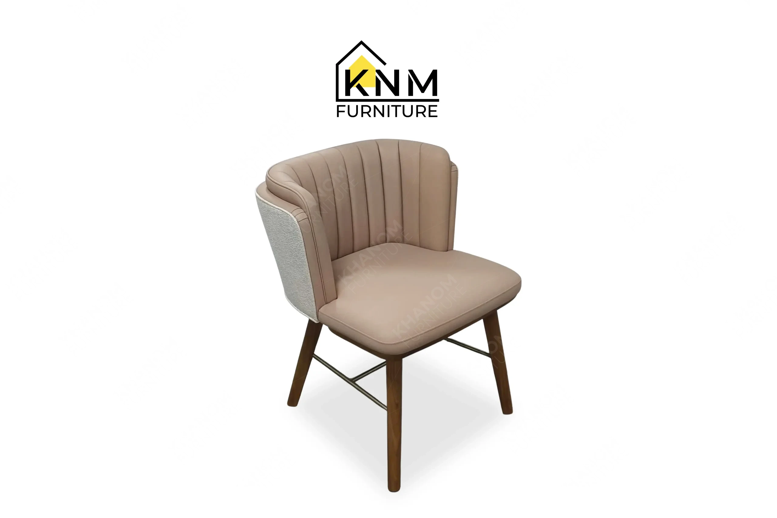A 3/4 perspective view showing the graceful curved backrest of an elegant fabric dining chair, masterfully crafted by Khanom Furniture (KNM Furniture), your trusted Solid Wood Furniture Factory Vietnam.