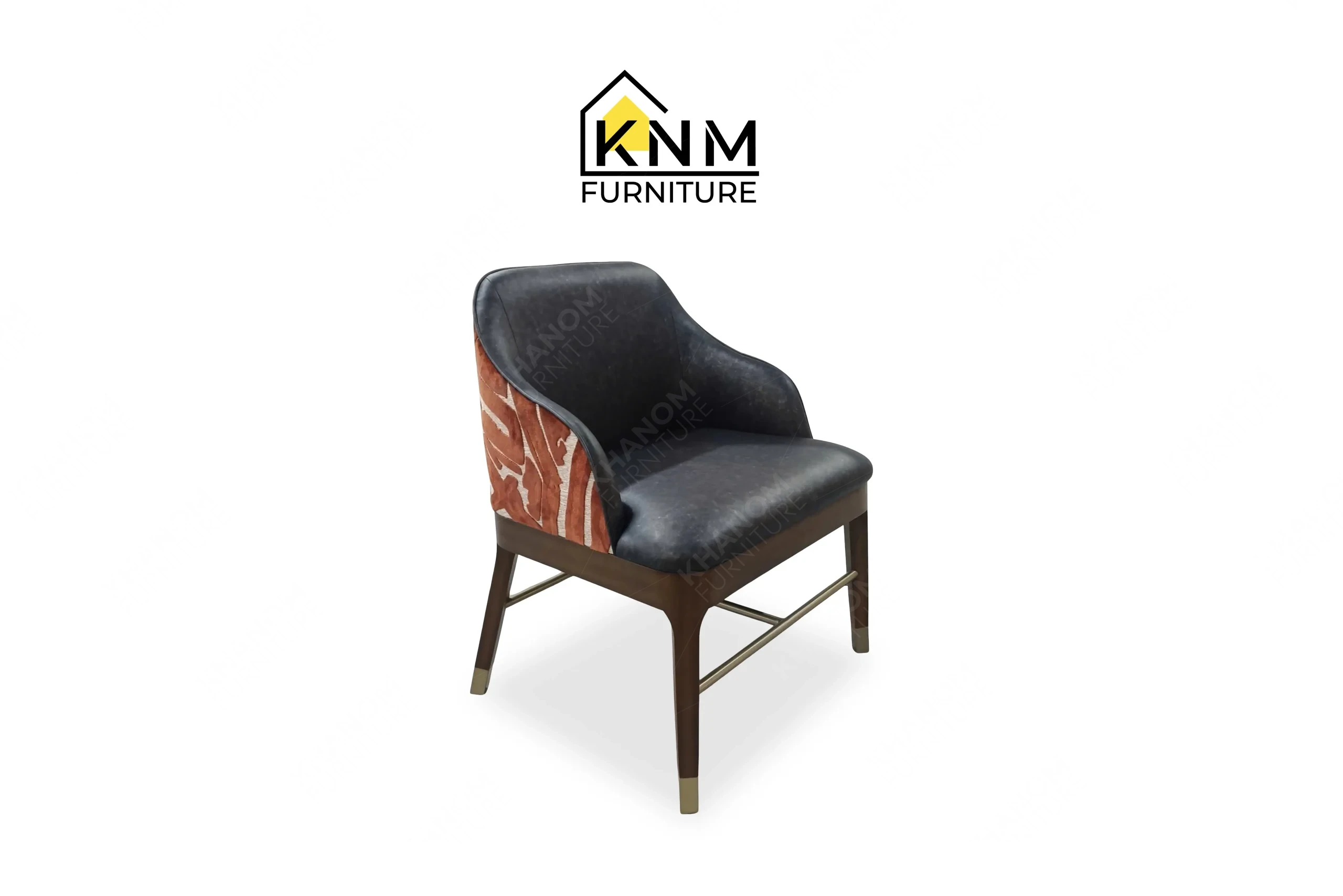 A 3/4 perspective view showing the angled backrest and woven leather seat of an elegant solid wood dining chair, masterfully crafted by Khanom Furniture (KNM Furniture), a renowned Furniture factory Vietnam.