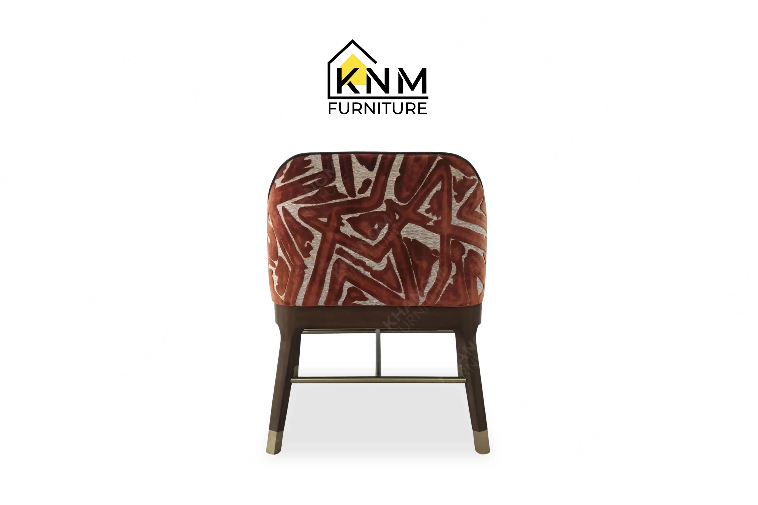 Rear perspective view emphasizing the intricately woven leather backrest on a custom wooden dining chair built by Khanom Furniture (KNM Furniture), a premier Vietnam Wooden Furniture Manufacturer.