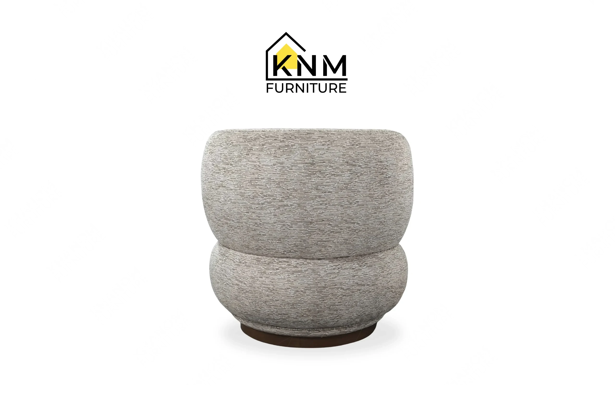 Rear perspective view emphasizing the flawless charcoal fabric tailoring on a custom upholstered swivel chair built by Khanom Furniture (KNM Furniture), an expert furniture factory Vietnam.