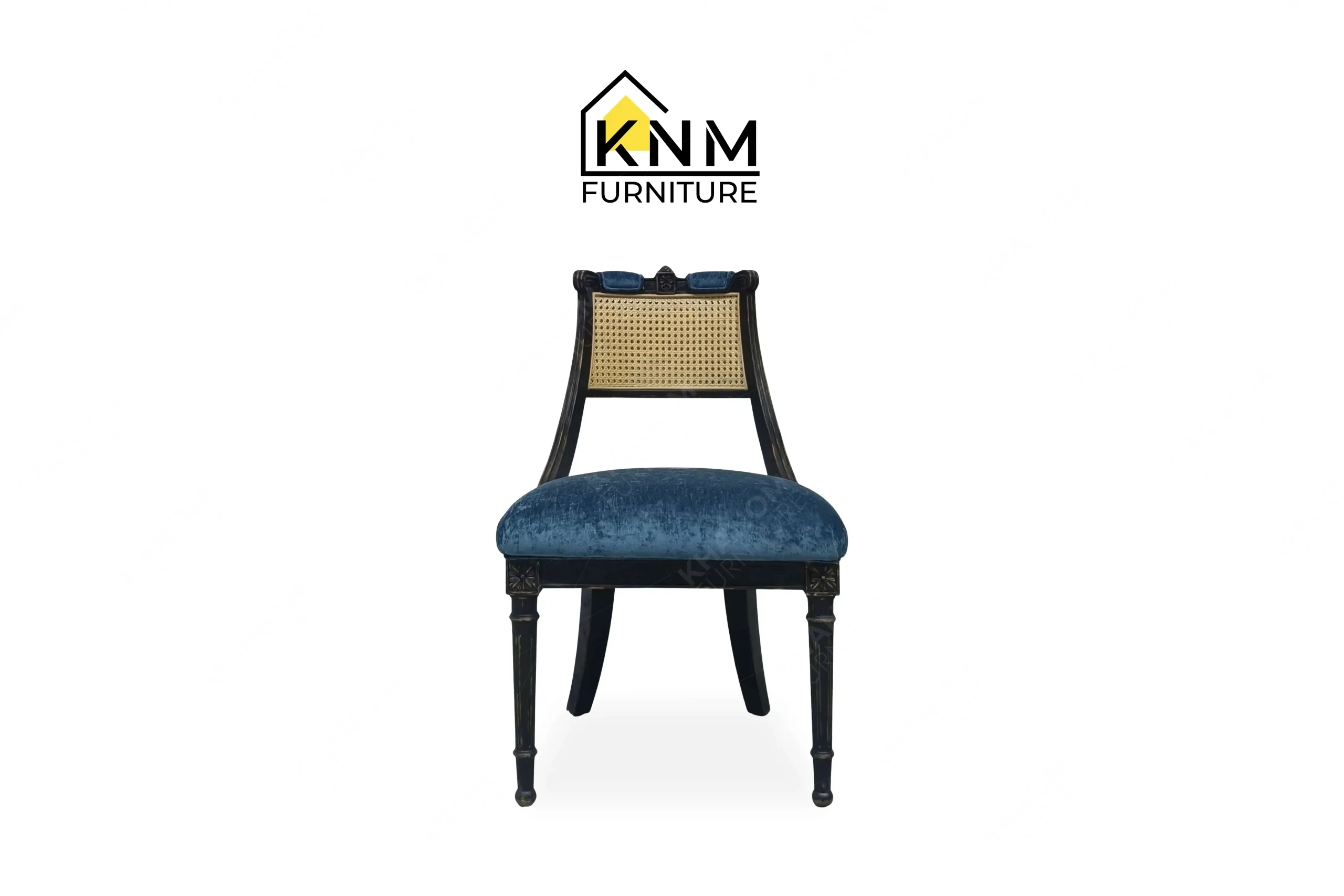 Front view of a bespoke dining chair featuring blue velvet upholstery and a rattan backrest, custom crafted by Khanom Furniture (KNM Furniture), a renowned custom furniture manufacturer.