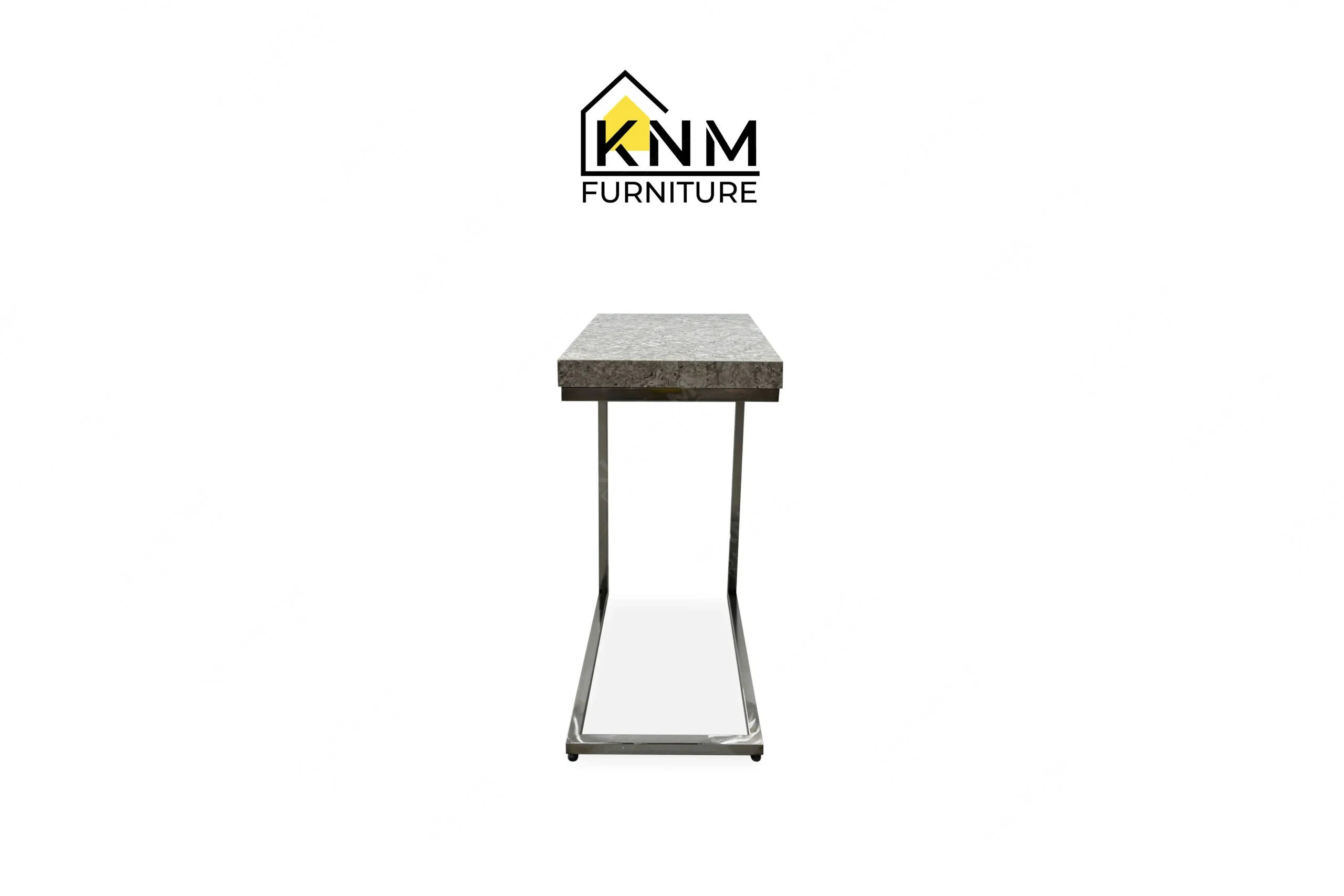 Front view of a bespoke C-shaped martini table featuring a polished quartz top and chrome frame, custom crafted by Khanom Furniture (KNM Furniture), a renowned custom furniture manufacturer.