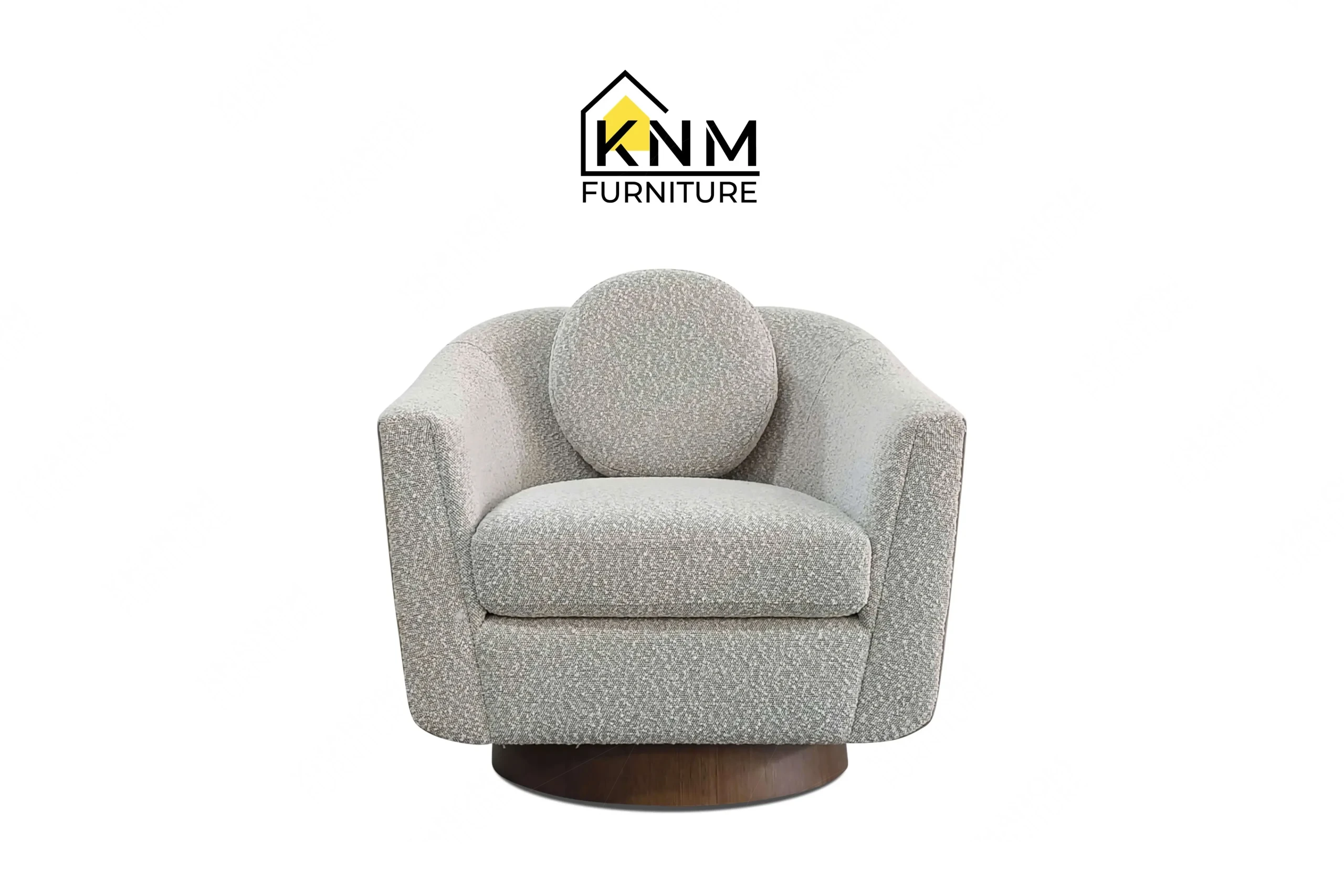 Front view of a bespoke curved lounge chair featuring grey boucle fabric and a round pillow, custom crafted by Khanom Furniture (KNM Furniture), a renowned custom furniture manufacturer.
