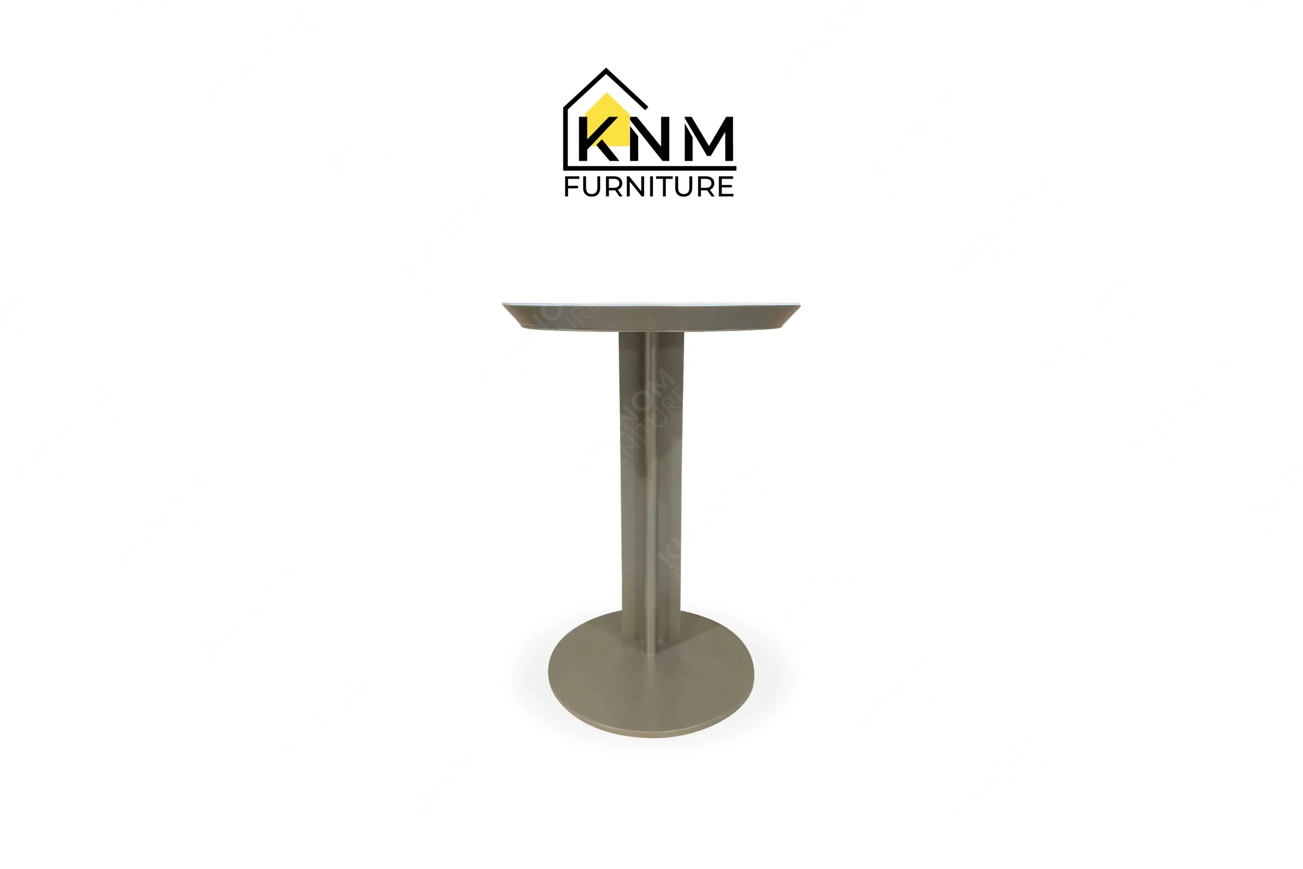 Front view of a bespoke C-table featuring a polished stone top and platinum nickel metal frame, custom crafted by Khanom Furniture (KNM Furniture), a renowned custom furniture manufacturer.