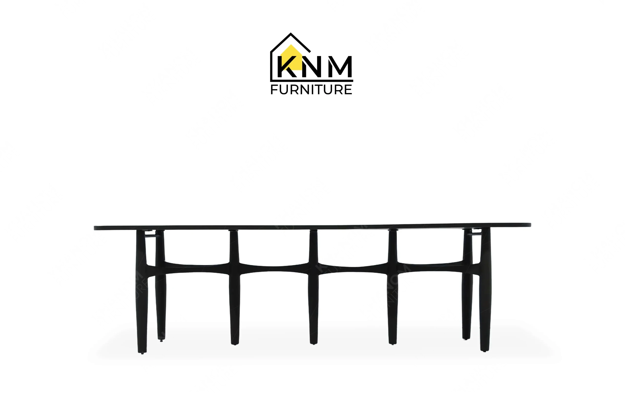 Front view of a bespoke all-aluminum console table featuring a dark bronze powder-coated finish, custom crafted by Khanom Furniture (KNM Furniture), a renowned custom furniture manufacturer.