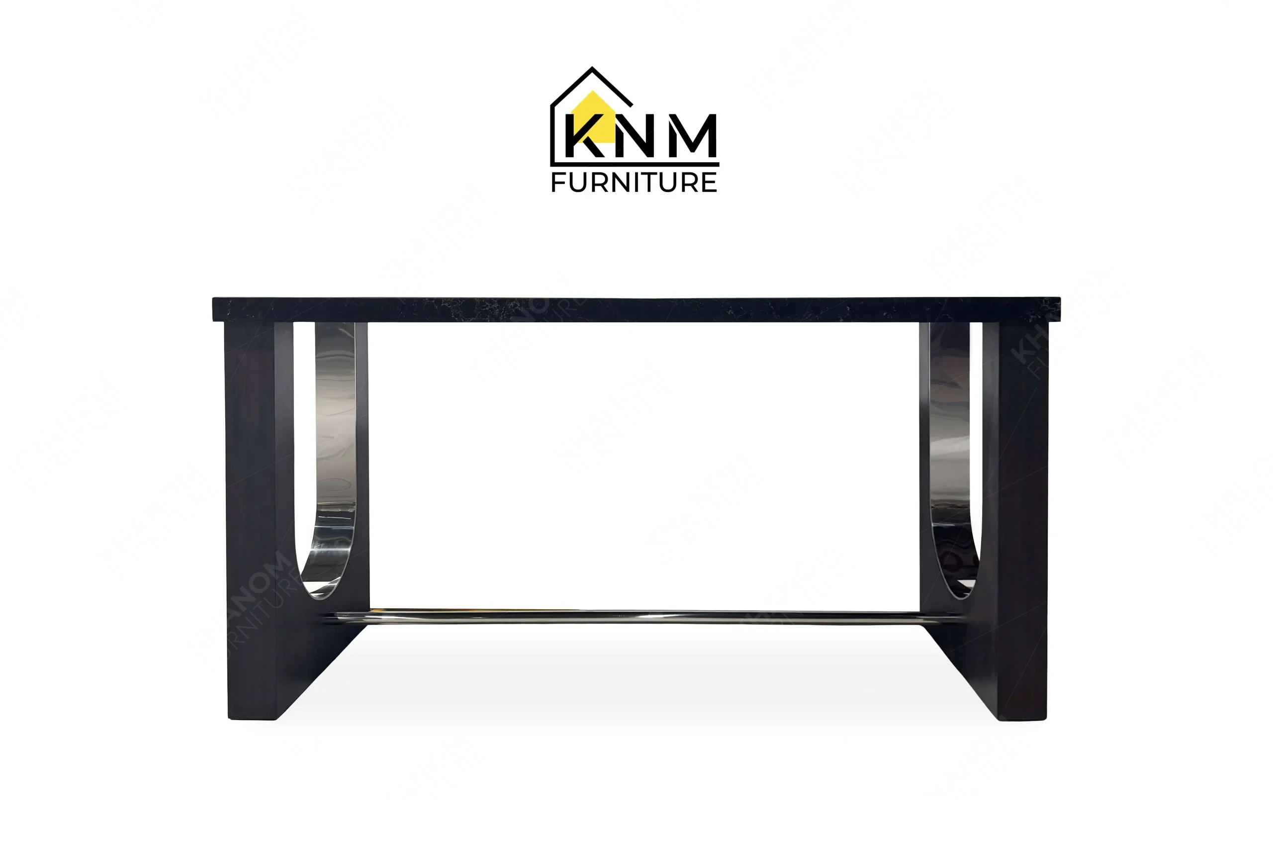 Front view of a bespoke console table featuring a black quartz top, dark walnut finish, and polished stainless steel accents, custom crafted by Khanom Furniture (KNM Furniture), a renowned custom furniture manufacturer.
