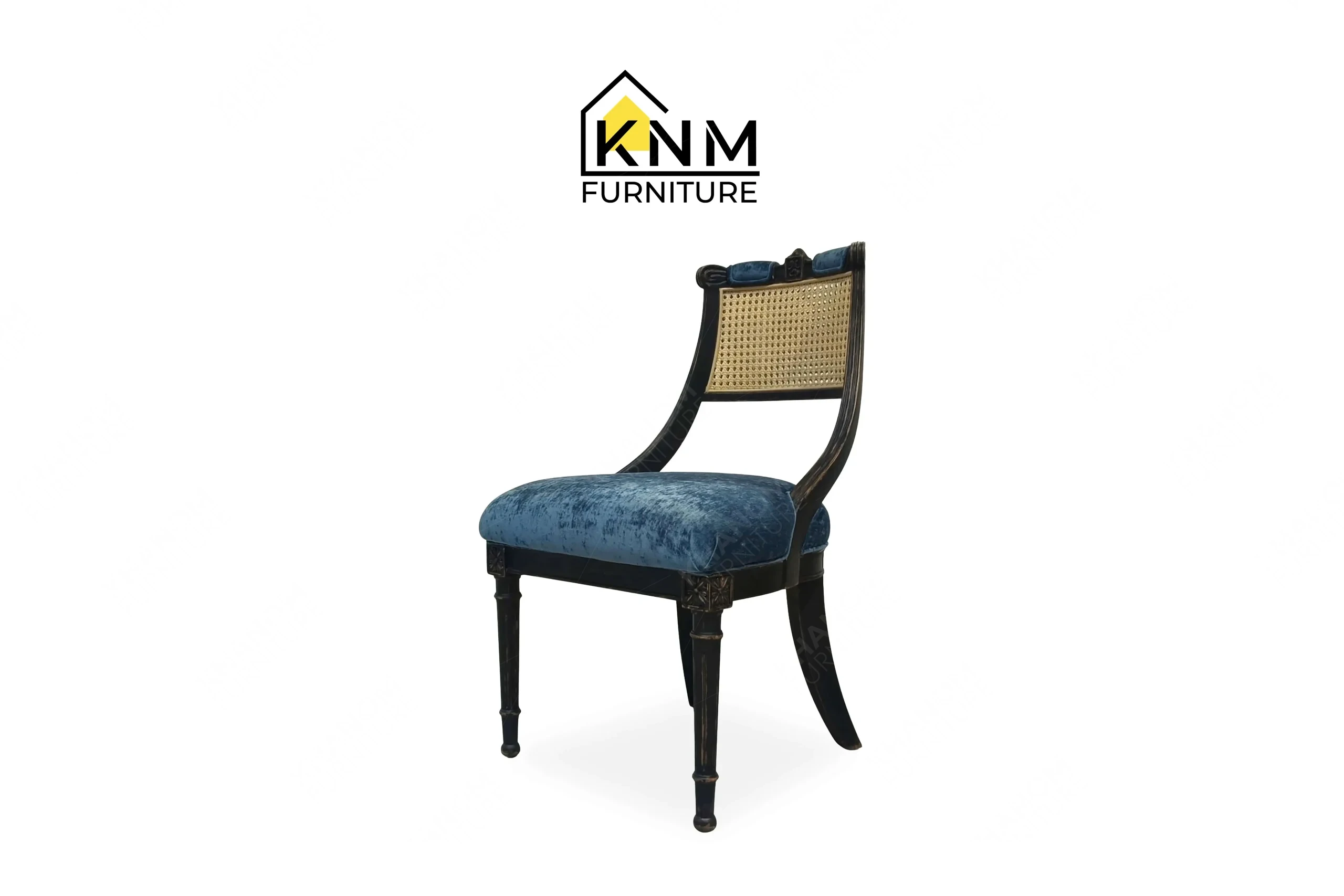 A 3/4 perspective view showing the graceful carved lines and premium rattan back of a bespoke hotel dining chair, masterfully crafted by Khanom Furniture (KNM Furniture), your trusted custom furniture factory Vietnam.