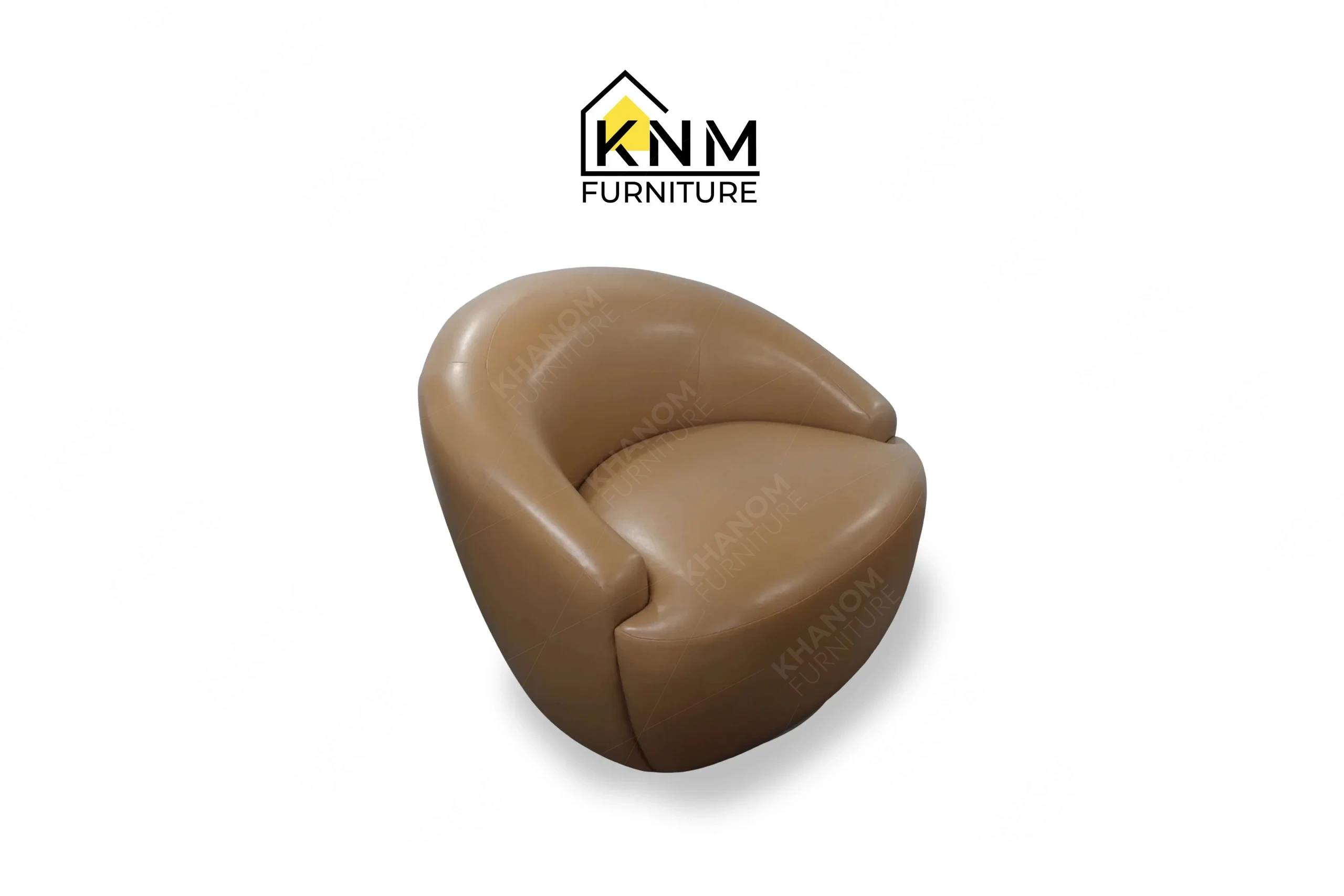 A 3/4 perspective view showing the graceful curves and premium camel upholstery of a bespoke hospitality lounge chair, masterfully crafted by Khanom Furniture (KNM Furniture), your trusted custom furniture factory Vietnam.