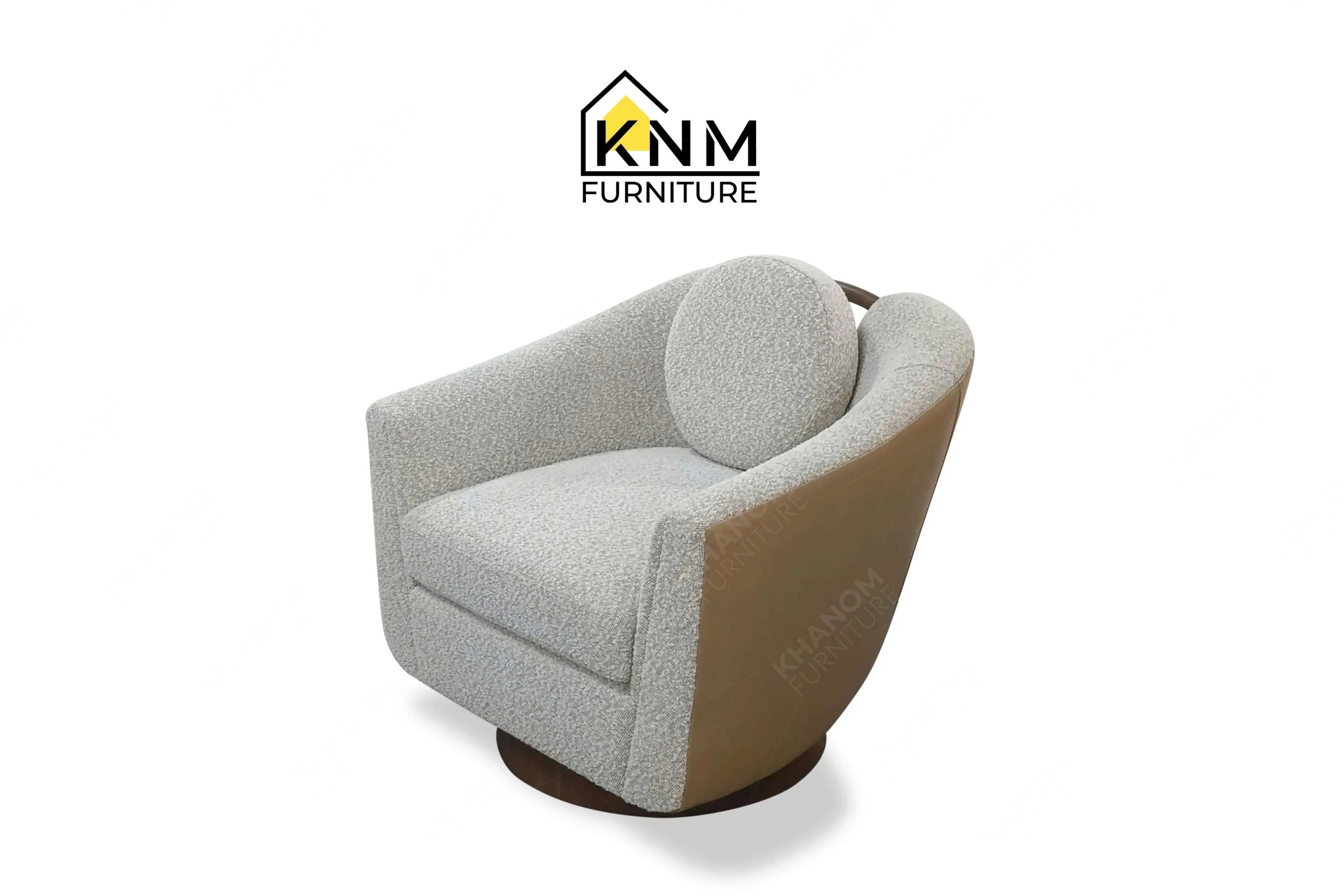 A 3/4 perspective view showing the graceful curves and premium grey boucle upholstery of a bespoke hotel lounge chair, masterfully crafted by Khanom Furniture (KNM Furniture), your trusted custom furniture factory Vietnam.