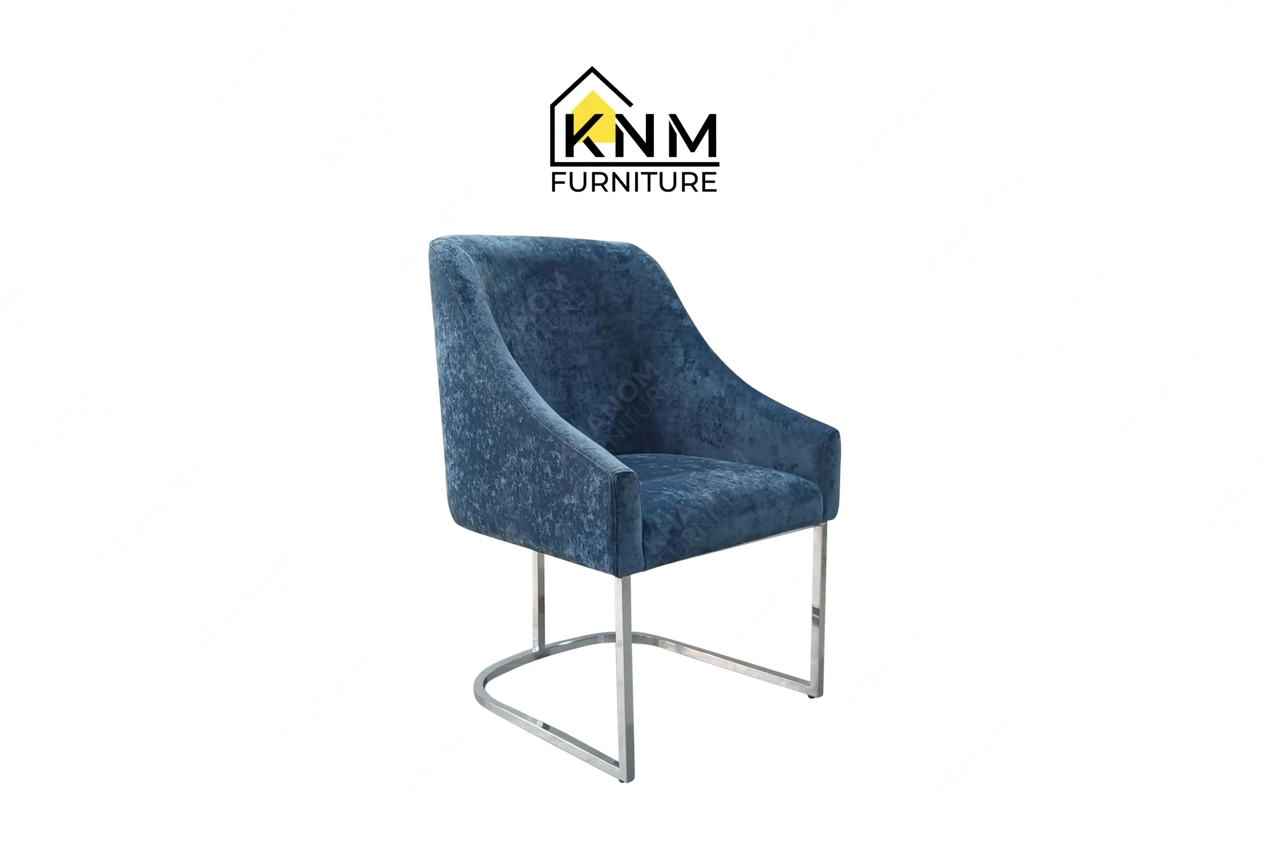 A 3/4 perspective view showing the graceful curves and premium indigo upholstery of a bespoke dining chair, masterfully crafted by Khanom Furniture (KNM Furniture), your trusted custom furniture factory Vietnam.