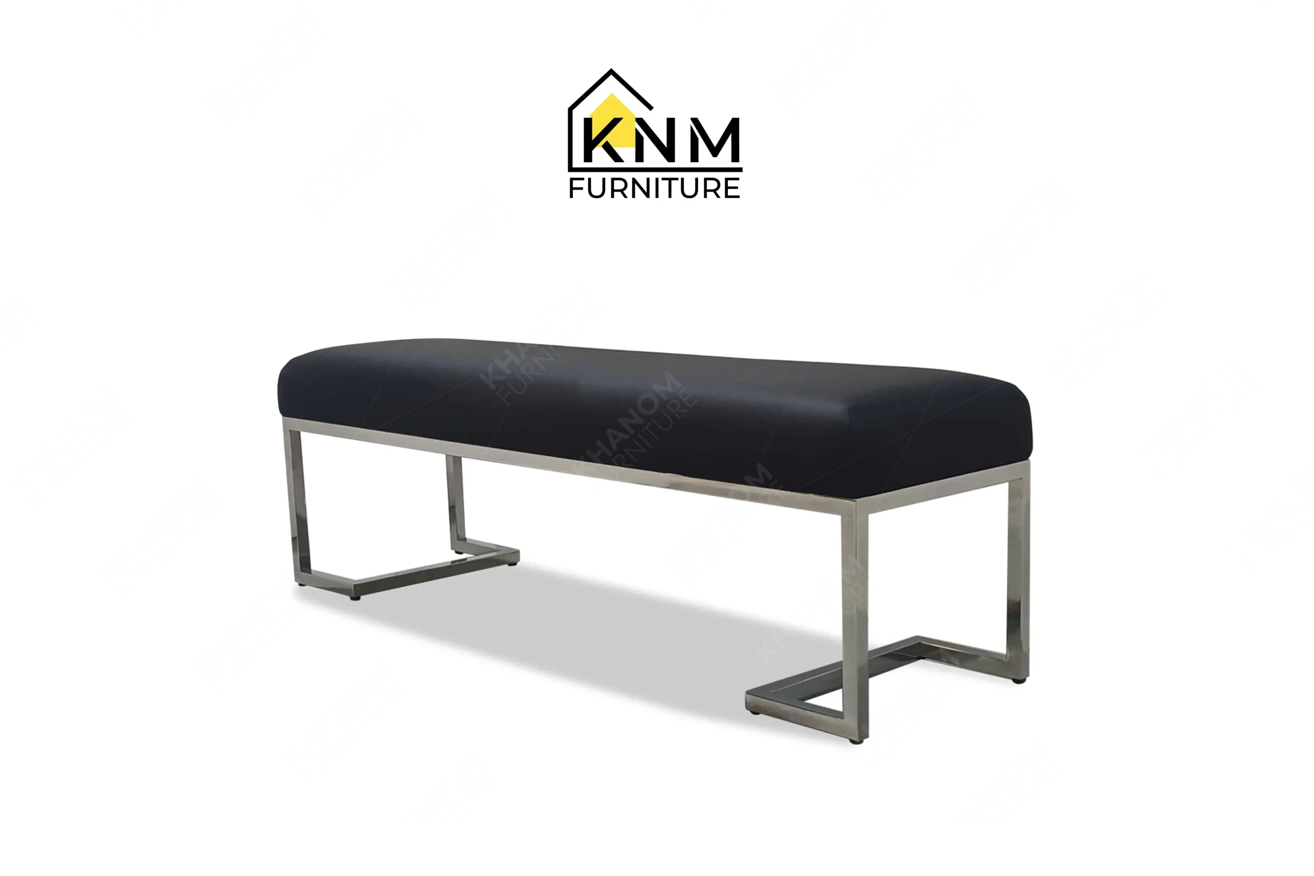 A 3/4 perspective view showing the clean lines and premium navy leather of a bespoke hospitality bench, masterfully crafted by Khanom Furniture (KNM Furniture), your trusted custom furniture factory Vietnam.
