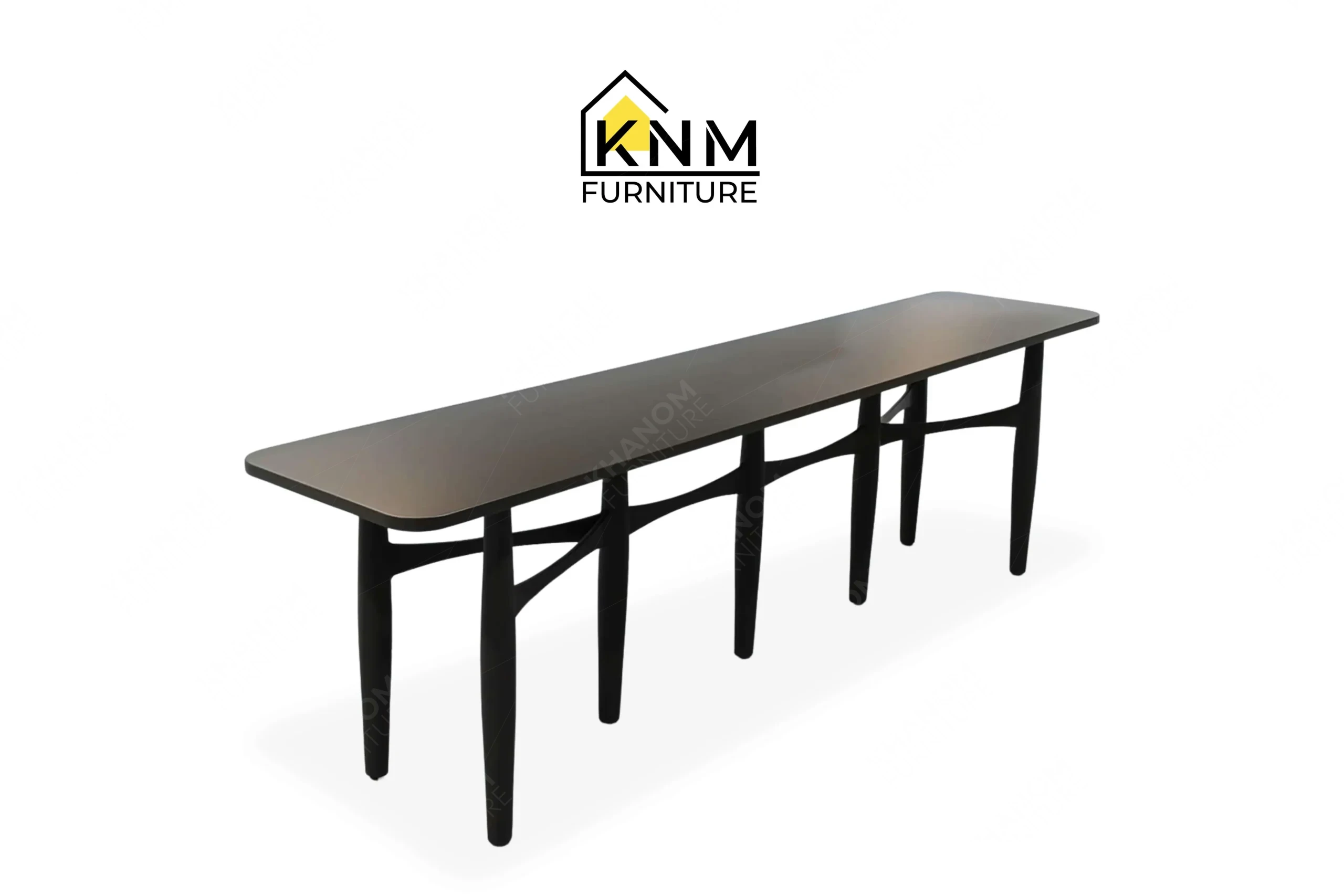 A 3/4 perspective view showing the graceful contemporary lines and premium bronze finish of a bespoke hotel console table, masterfully crafted by Khanom Furniture (KNM Furniture), your trusted custom furniture factory Vietnam.
