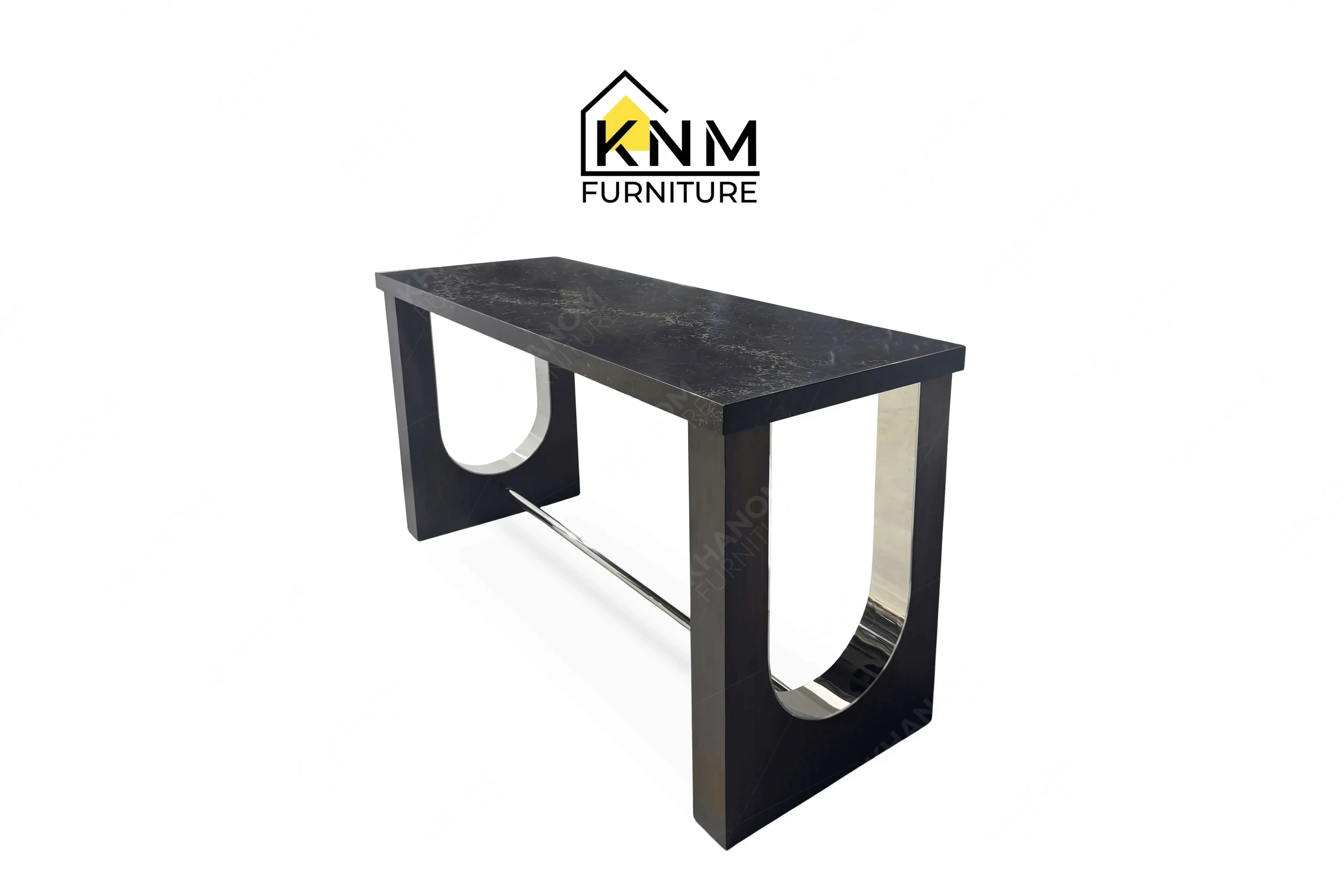 A 3/4 perspective view showing the graceful contemporary lines and premium black stone surface of a bespoke hotel console table, masterfully crafted by Khanom Furniture (KNM Furniture), your trusted custom furniture factory Vietnam.