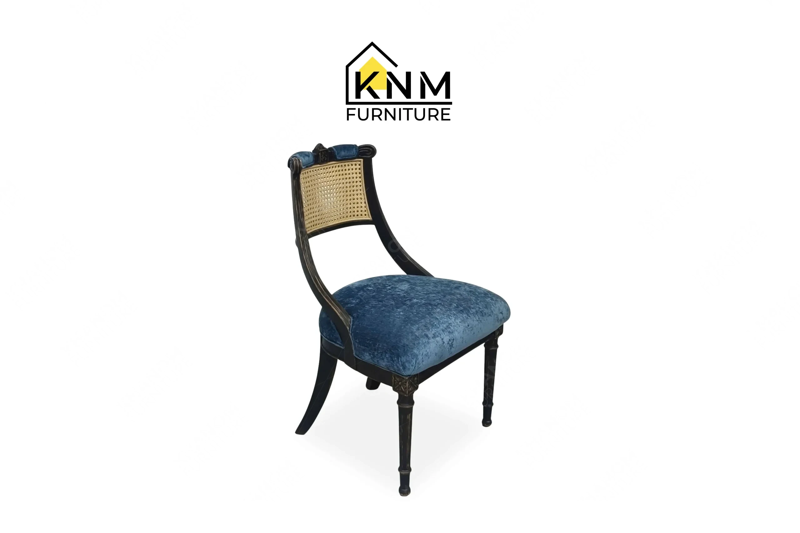 An other 3/4 perspective view showing the graceful carved lines and premium rattan back of a bespoke hotel dining chair, masterfully crafted by Khanom Furniture (KNM Furniture), your trusted custom furniture factory Vietnam.