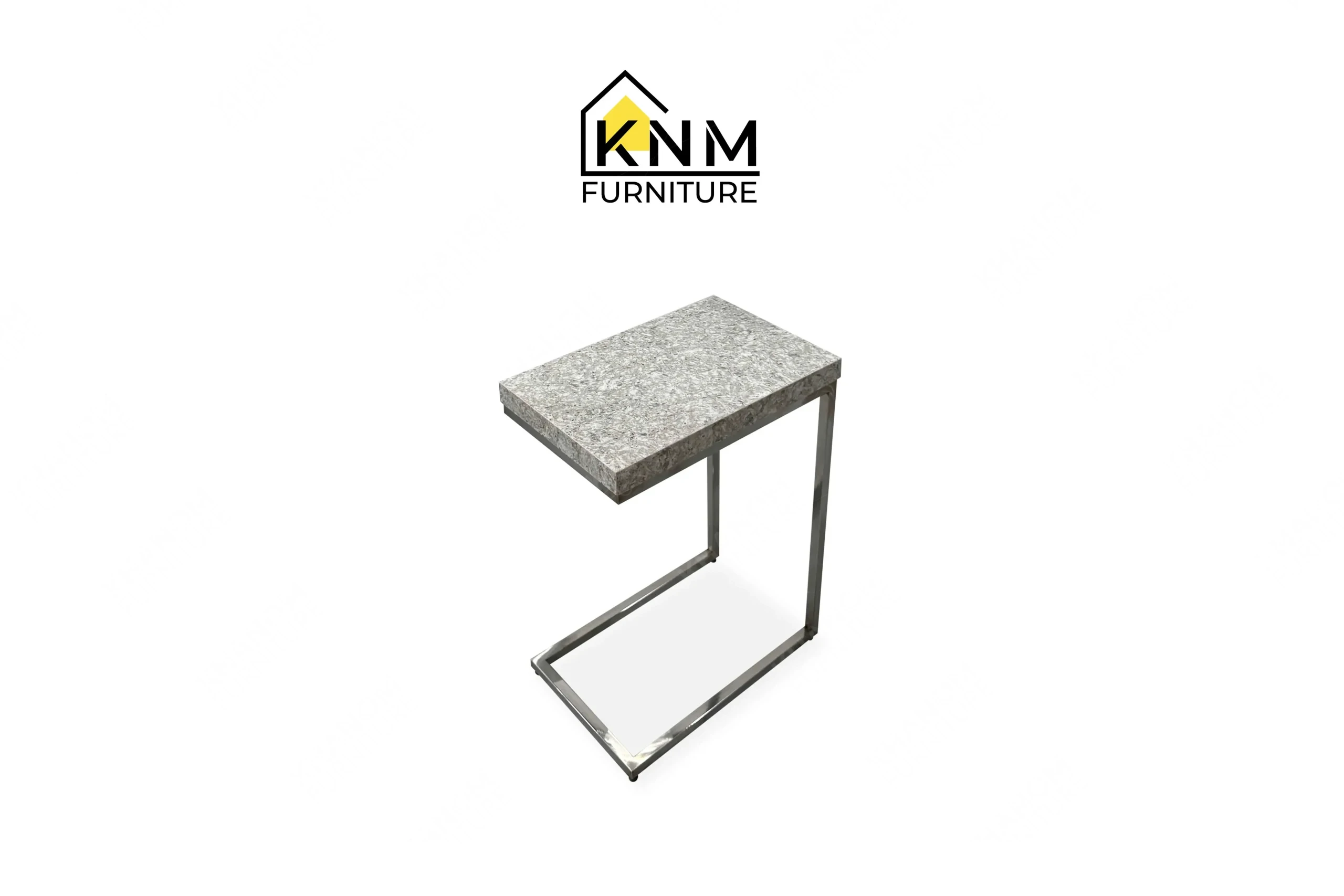 Side profile view of a sturdy contract-grade C-shaped side table featuring a polished chrome frame, produced by Khanom Furniture (KNM Furniture), a dedicated bespoke furniture factory.