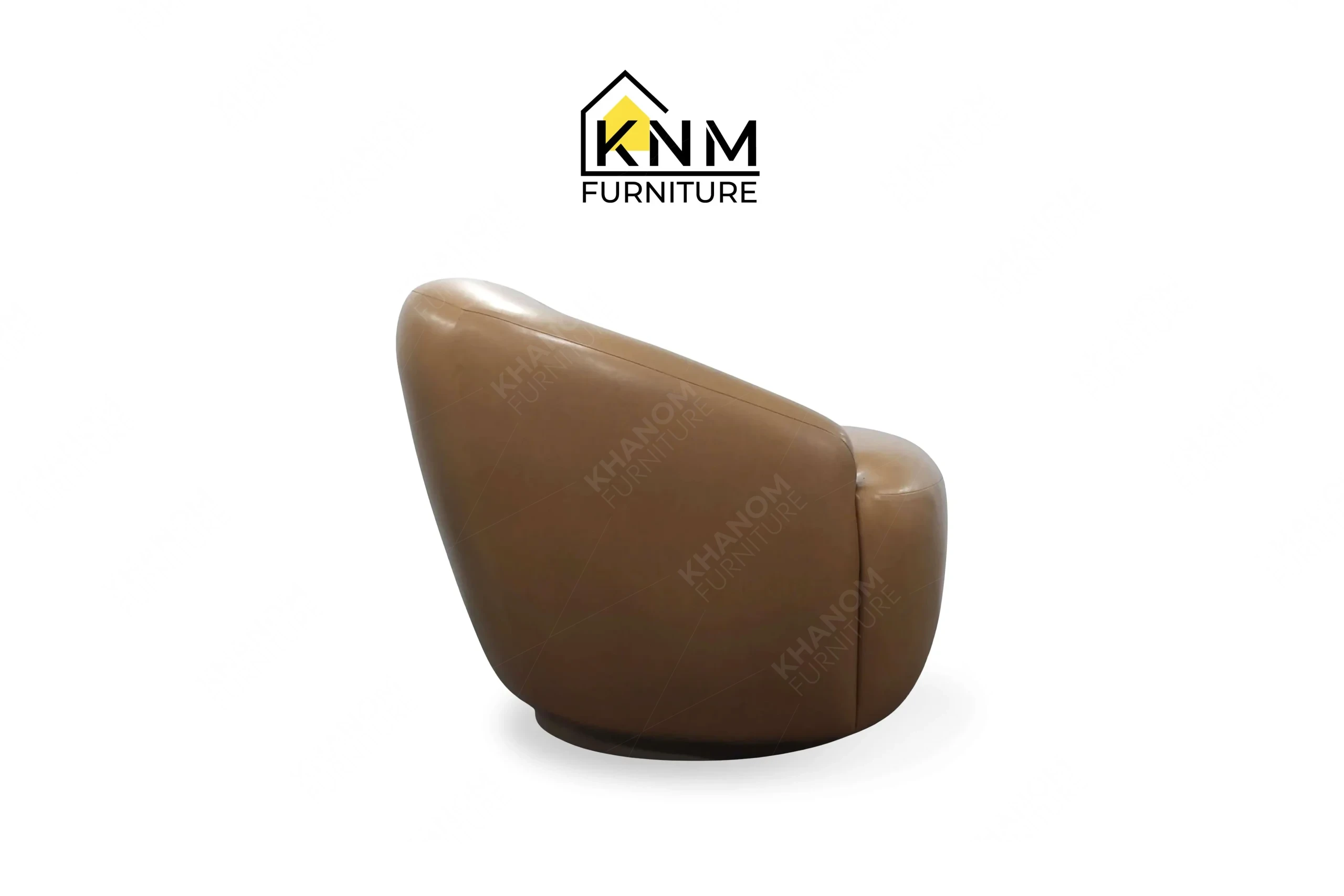 Side profile view of a sturdy contract-grade barrel lounge chair featuring camel performance upholstery, produced by Khanom Furniture (KNM Furniture), a dedicated bespoke furniture factory.