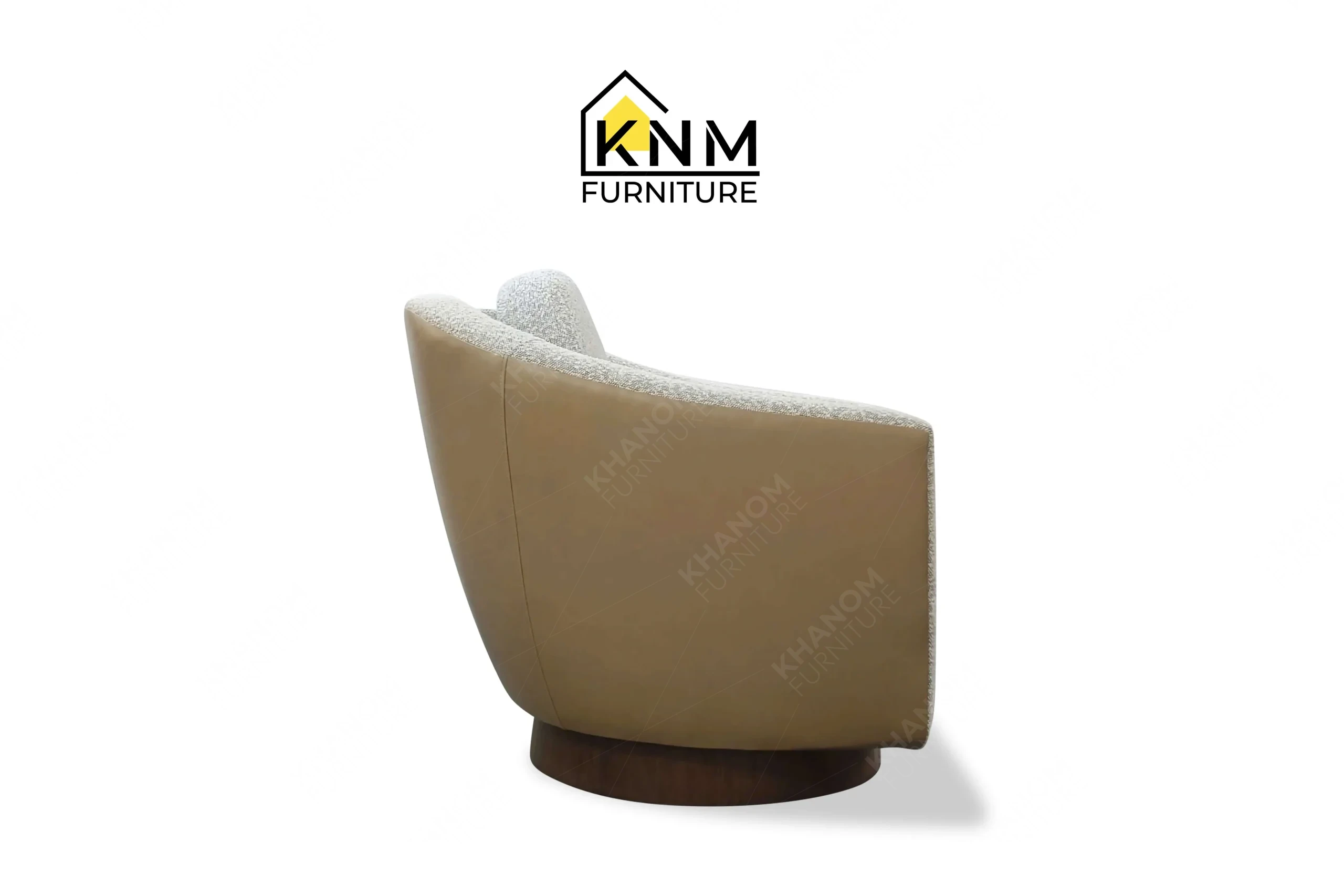 Side profile view of a sturdy contract-grade barrel lounge chair featuring dual-fabric upholstery and an oak plinth base, produced by Khanom Furniture (KNM Furniture), a dedicated bespoke furniture factory.