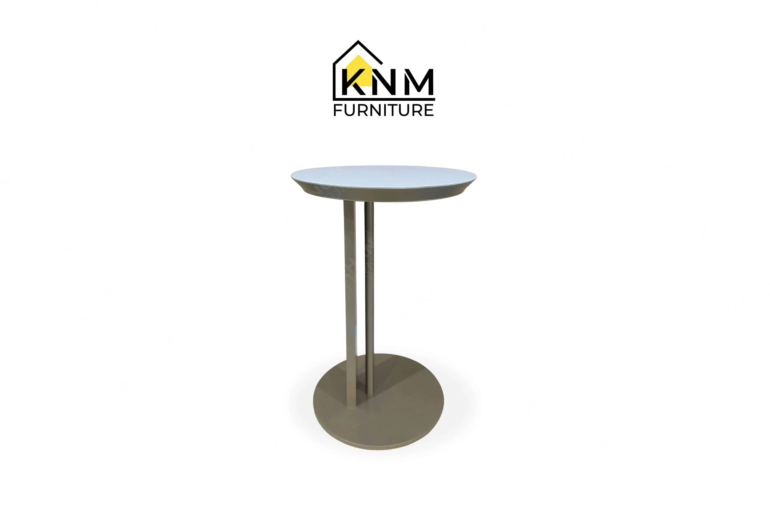 Side profile view of a sturdy contract-grade C-table featuring a polished stone top and platinum nickel base, produced by Khanom Furniture (KNM Furniture), a dedicated bespoke furniture factory.