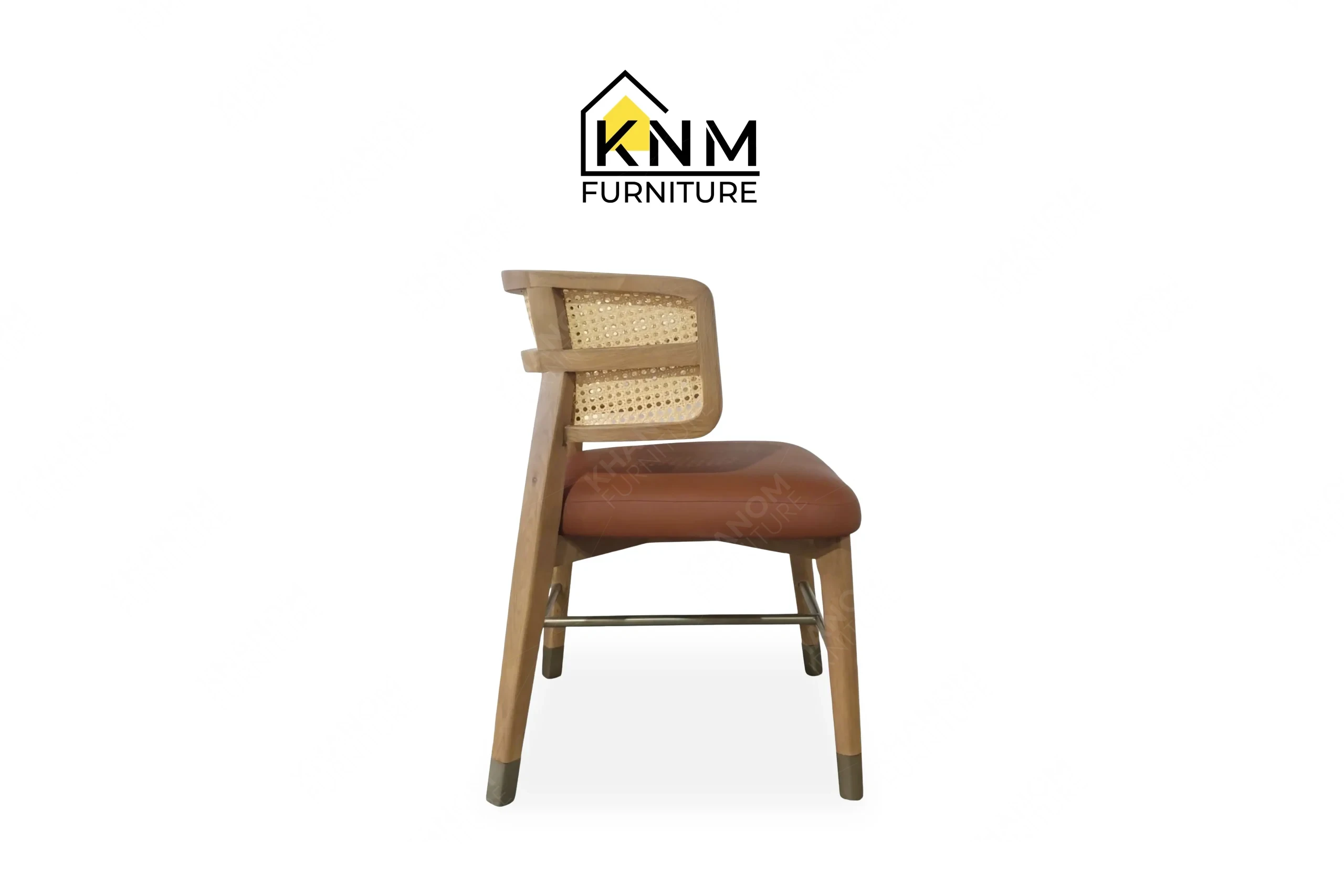 Side profile view of a sturdy contract-grade restaurant dining chair featuring a white oak frame, synthetic cane back, and rust seat, produced by Khanom Furniture (KNM Furniture), a dedicated custom furniture factory.