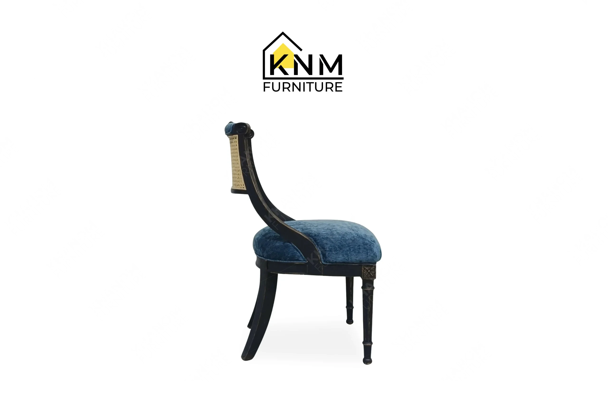 Side profile view of a sturdy contract-grade dining chair featuring a curved back and distressed black finish, produced by Khanom Furniture (KNM Furniture), a dedicated bespoke furniture factory.