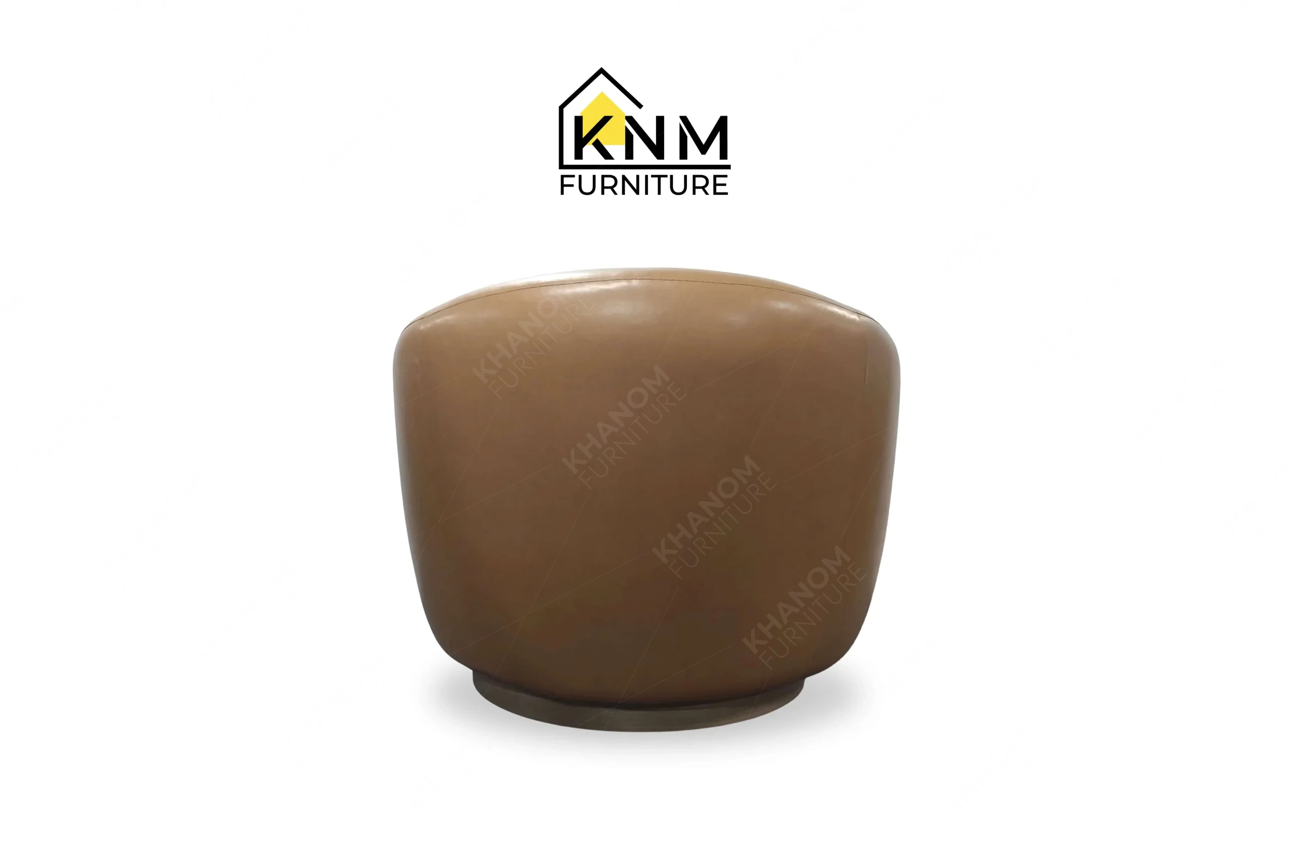 Direct back view of a premium bespoke barrel lounge chair featuring smooth camel upholstery, manufactured by Khanom Furniture (KNM Furniture), a dedicated contract furniture manufacturer.