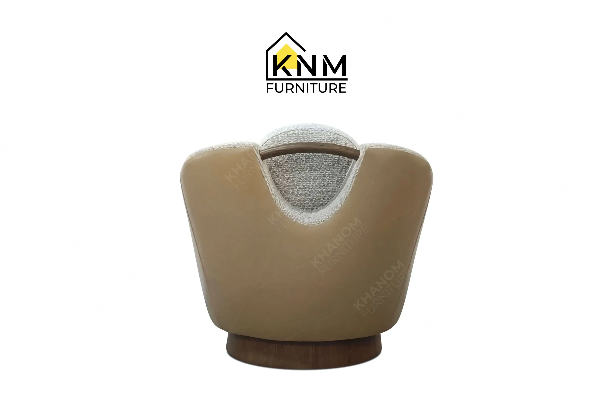 Direct back view of a premium bespoke lounge chair showcasing smooth cream exterior fabric and an oak base, manufactured by Khanom Furniture (KNM Furniture), a dedicated contract furniture manufacturer.