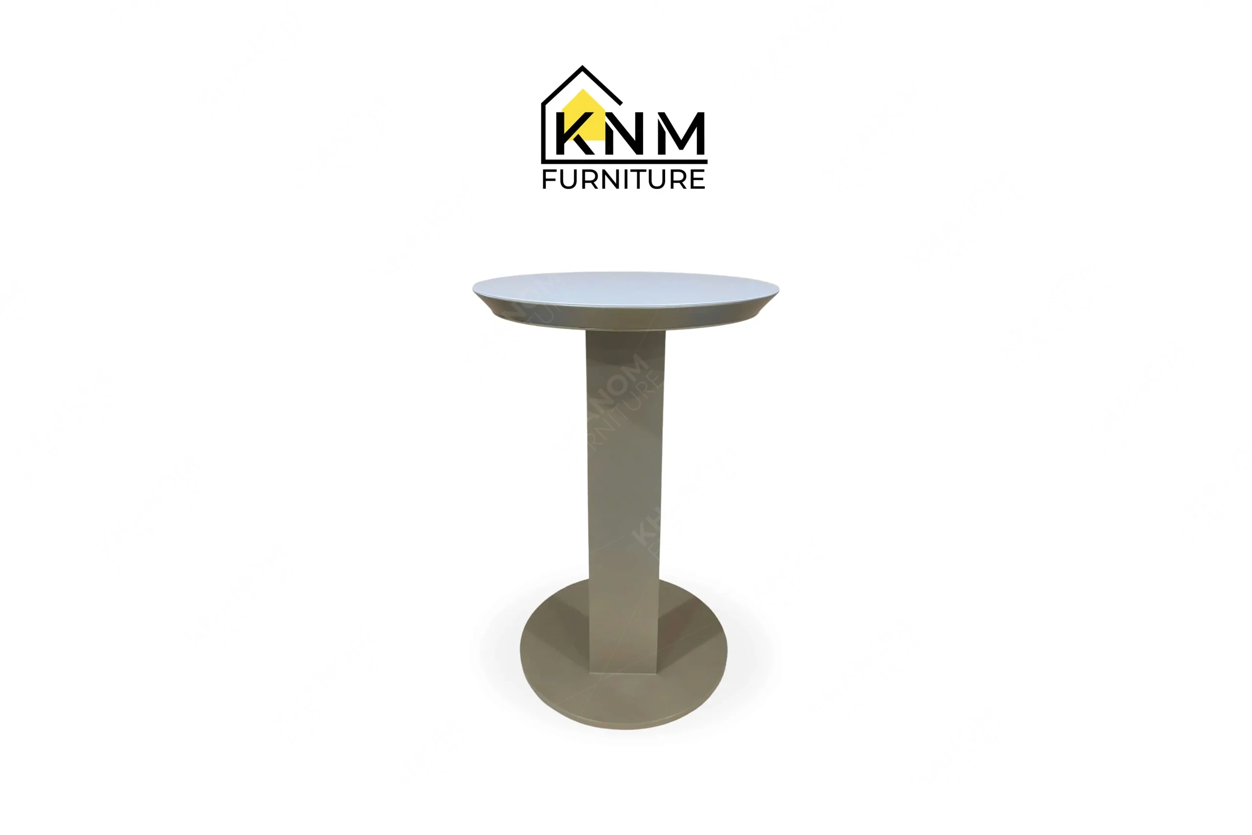 Direct back view of a premium bespoke C-table showcasing the polished metal structure, manufactured by Khanom Furniture (KNM Furniture), a dedicated contract furniture manufacturer.