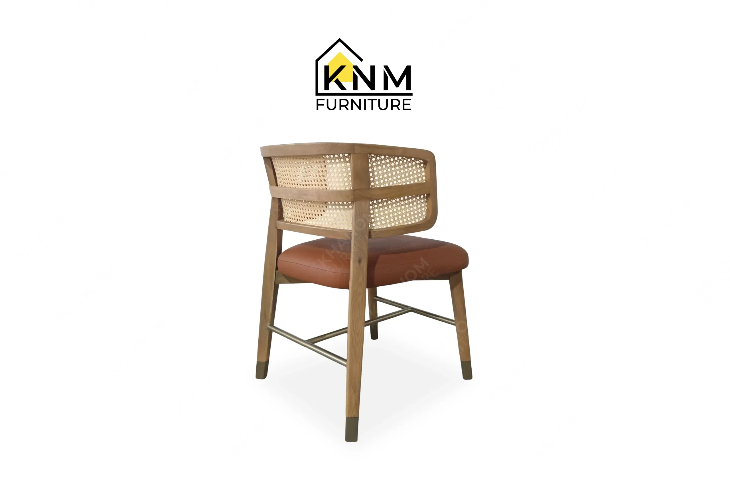 Rear perspective view emphasizing the flawless synthetic cane weaving on a custom dining chair built by Khanom Furniture (KNM Furniture), an expert furniture factory Vietnam.