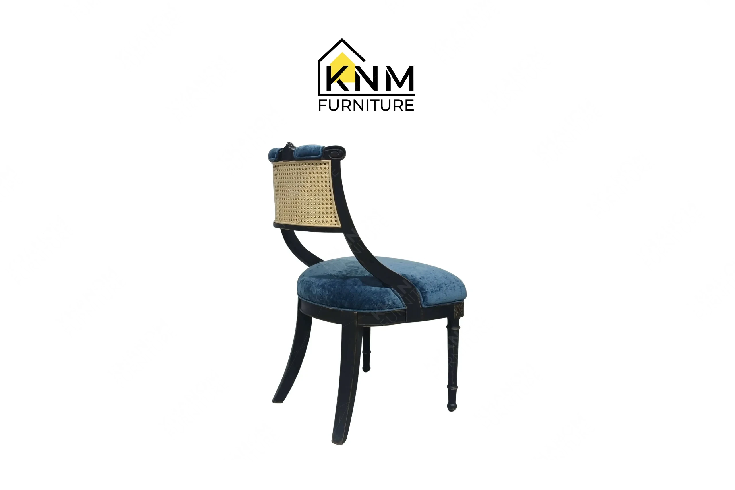 Rear perspective view emphasizing the flawless rattan execution on a custom wood dining chair built by Khanom Furniture (KNM Furniture), an expert furniture factory Vietnam.