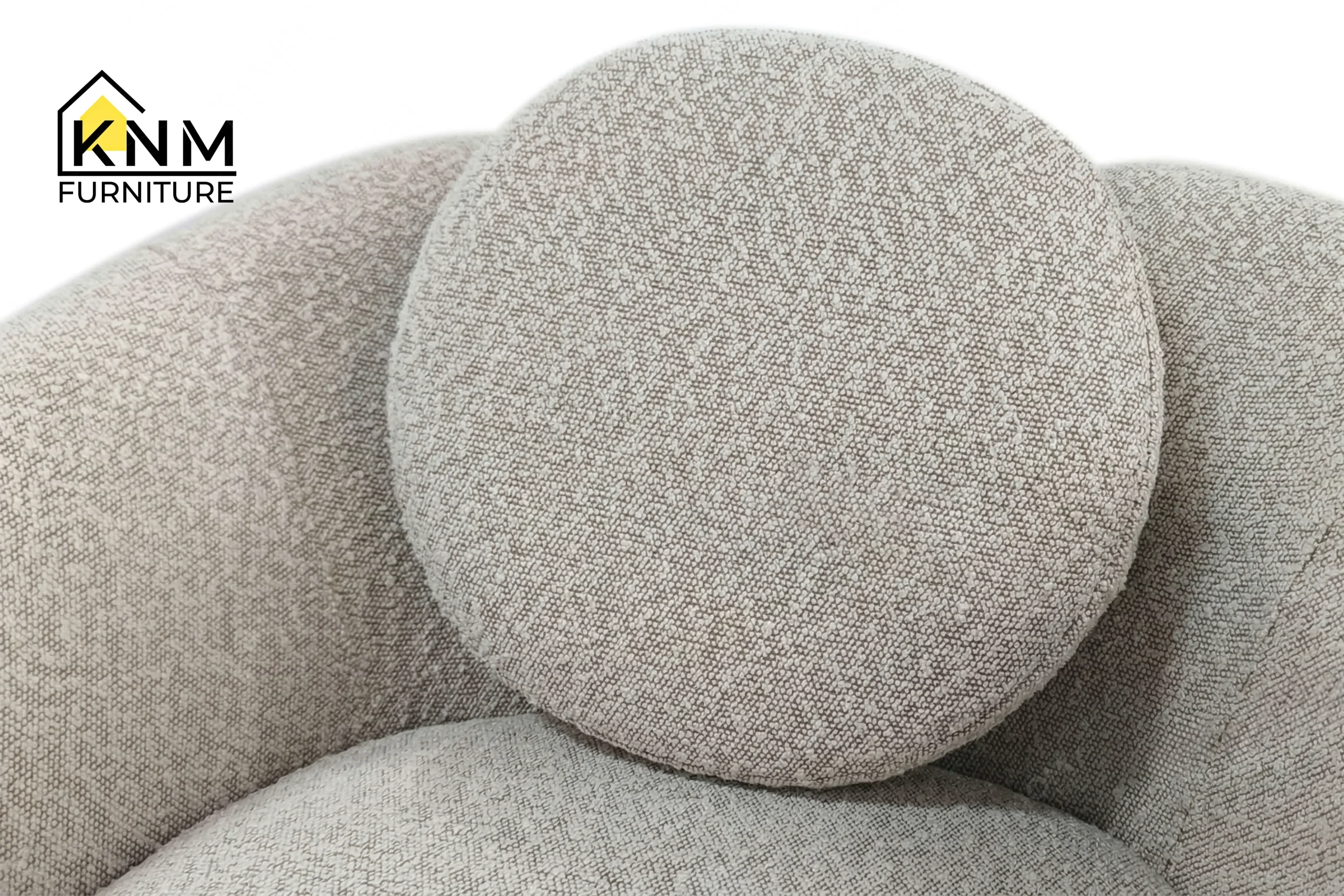Zoom detail showcasing the premium material integration of a bespoke dual-fabric lounge chair, meticulously manufactured by Khanom Furniture (KNM Furniture), your reliable custom seating manufacturer Vietnam.