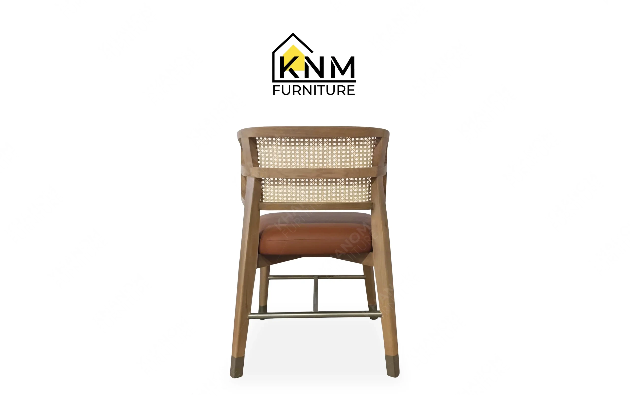 Direct back view of a premium dining chair featuring a woven synthetic cane backrest, manufactured by Khanom Furniture (KNM Furniture), a dedicated hospitality furniture factory.