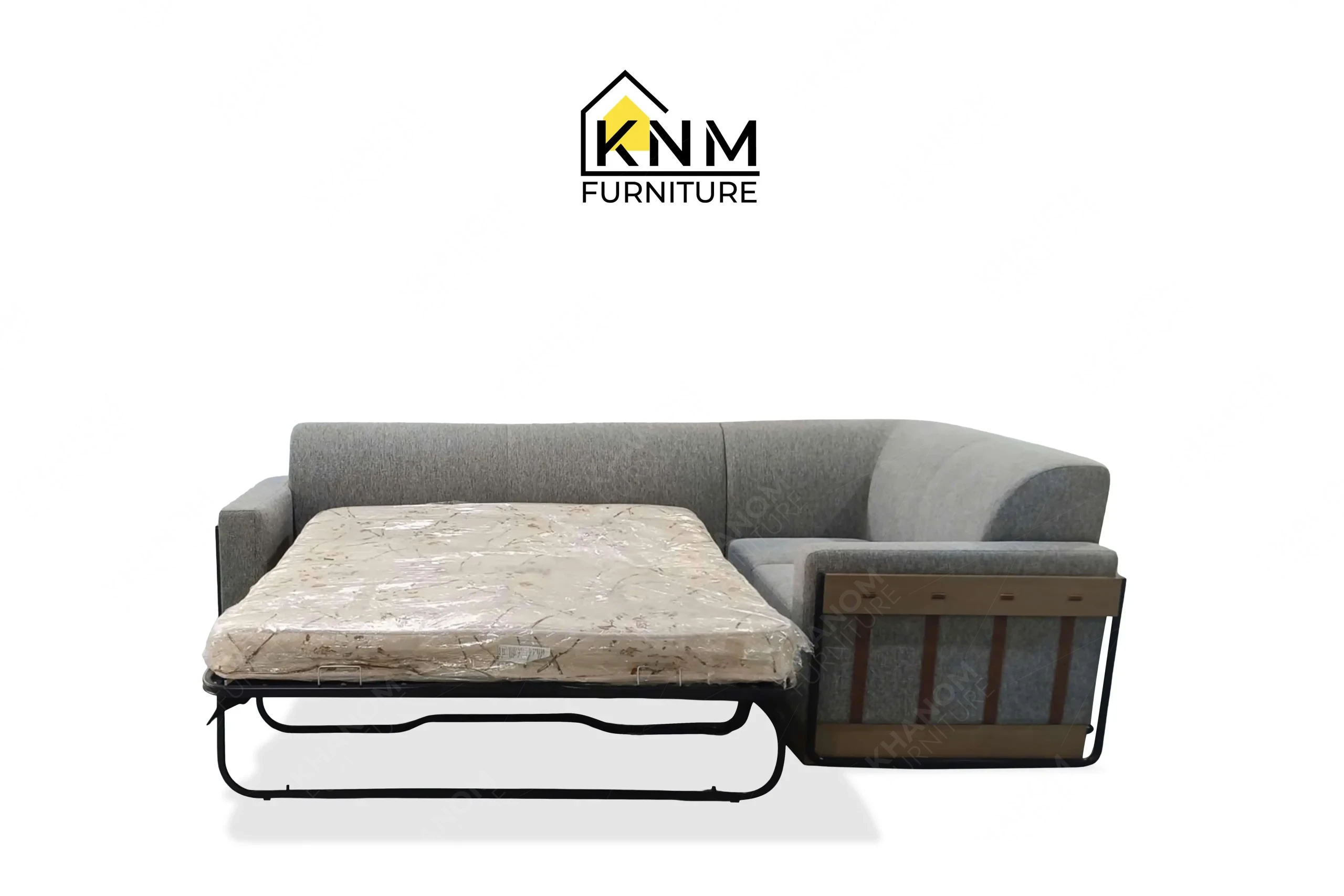 Front open view of a bespoke sectional sleeper sofa featuring textured grey fabric and front-facing power outlets, custom crafted by Khanom Furniture (KNM Furniture), a renowned custom furniture manufacturer.